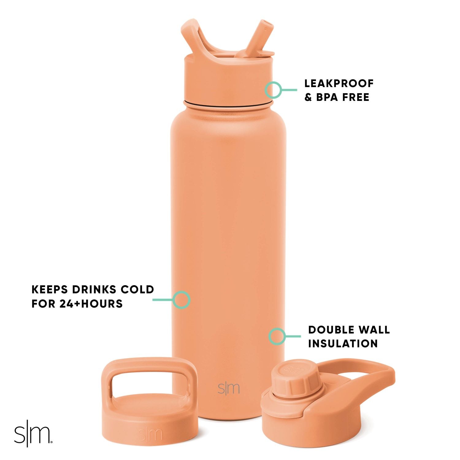 Summit Insulated Stainless Steel Water Bottle with 3 Lids - Straw, Chug & Handle | Leakproof & BPA-Free | Perfect for Gym, Hiking & Outdoor Activities
