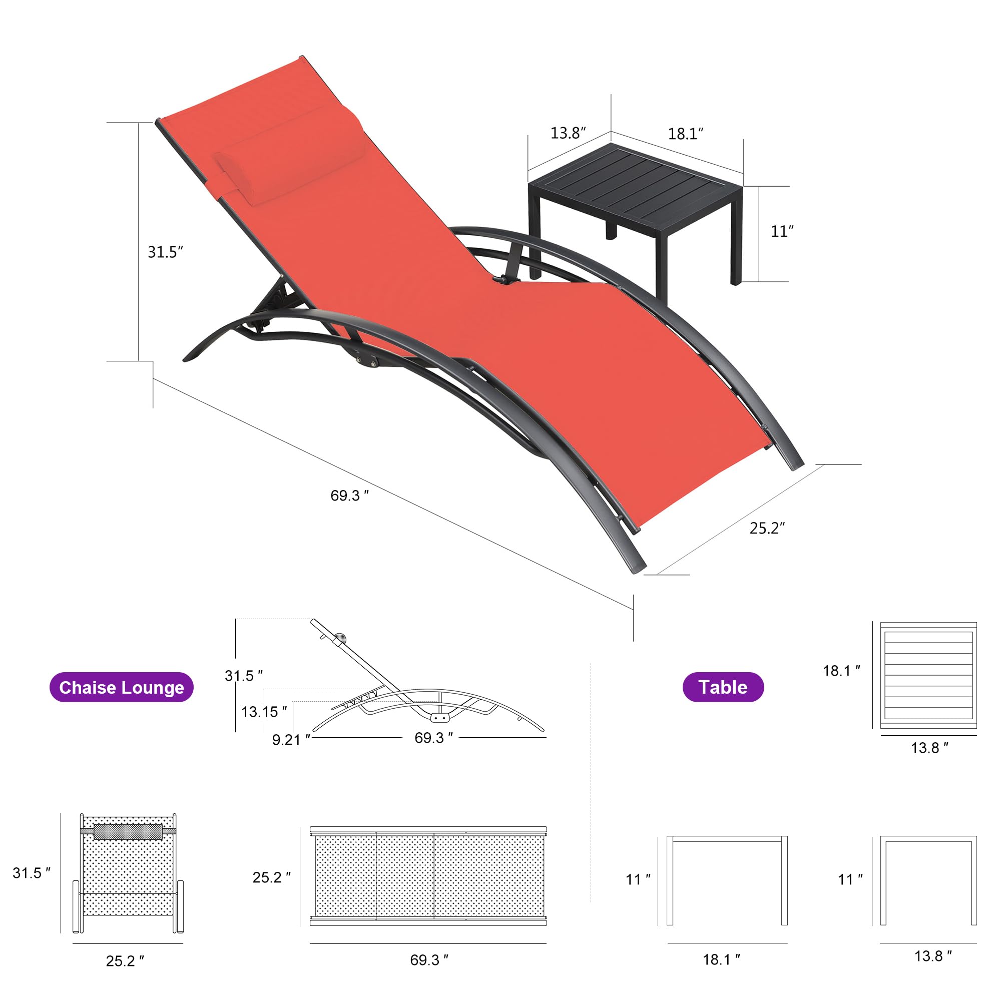 Premium Outdoor Chaise Lounge Chair Set - All-Weather Patio, Pool & Beach Sunbathing Recliner with Side Table (Coral Red) - Perfect for Backyard Relaxation, Seaside Lounging & Poolside Tanning