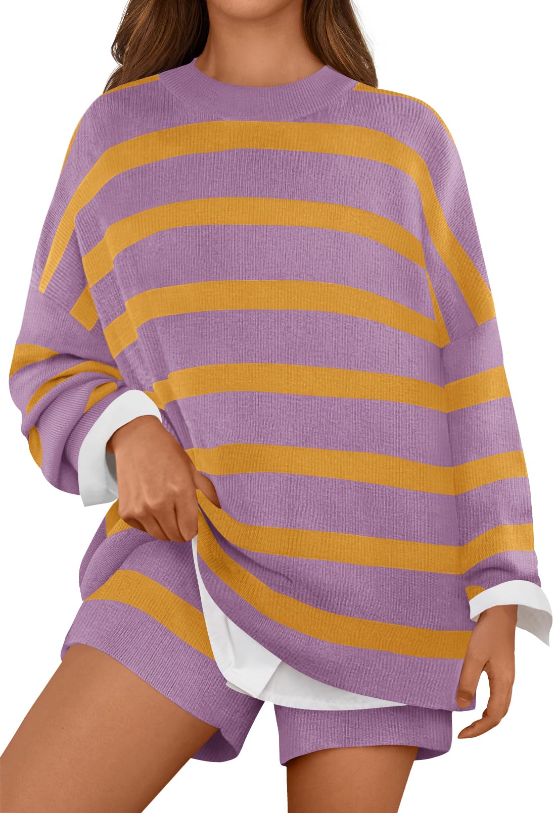 MEROKEETY Women's 2-Piece Sweater Lounge Set - Striped Long Sleeve Top & Shorts - Oversized Matching Outfit for Women - Cozy Loungewear for Home, Yoga & Casual Wear