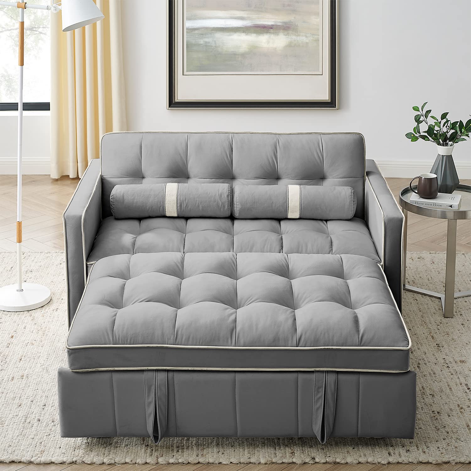 3 in 1 Convertible Sleeper Sofa Bed - Small Tufted Velvet Loveseat with Pullout Bed & Adjustable Backrest - Modern Futon Couch for Living Room, Apartment & Small Spaces - Includes Cylinder Pillows - Easy Assembly - Grey (55.5