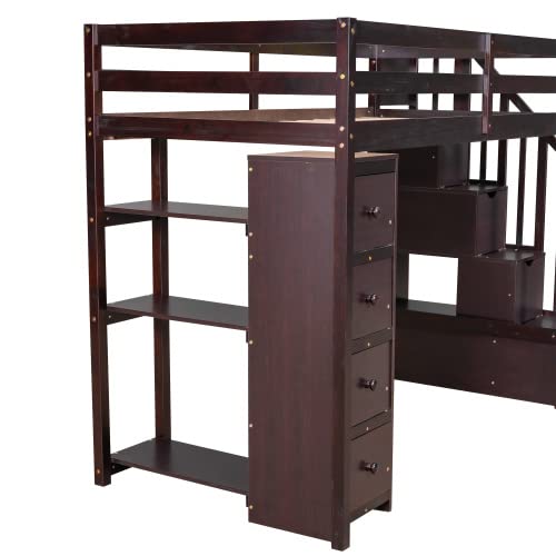 **Solid Wood Twin Loft Bed with Stairs, Storage Drawers & Shelves - Modern Espresso Loft Bed Frame for Kids, Teens & Adults - Perfect for Small Rooms, Dorms & Apartments**