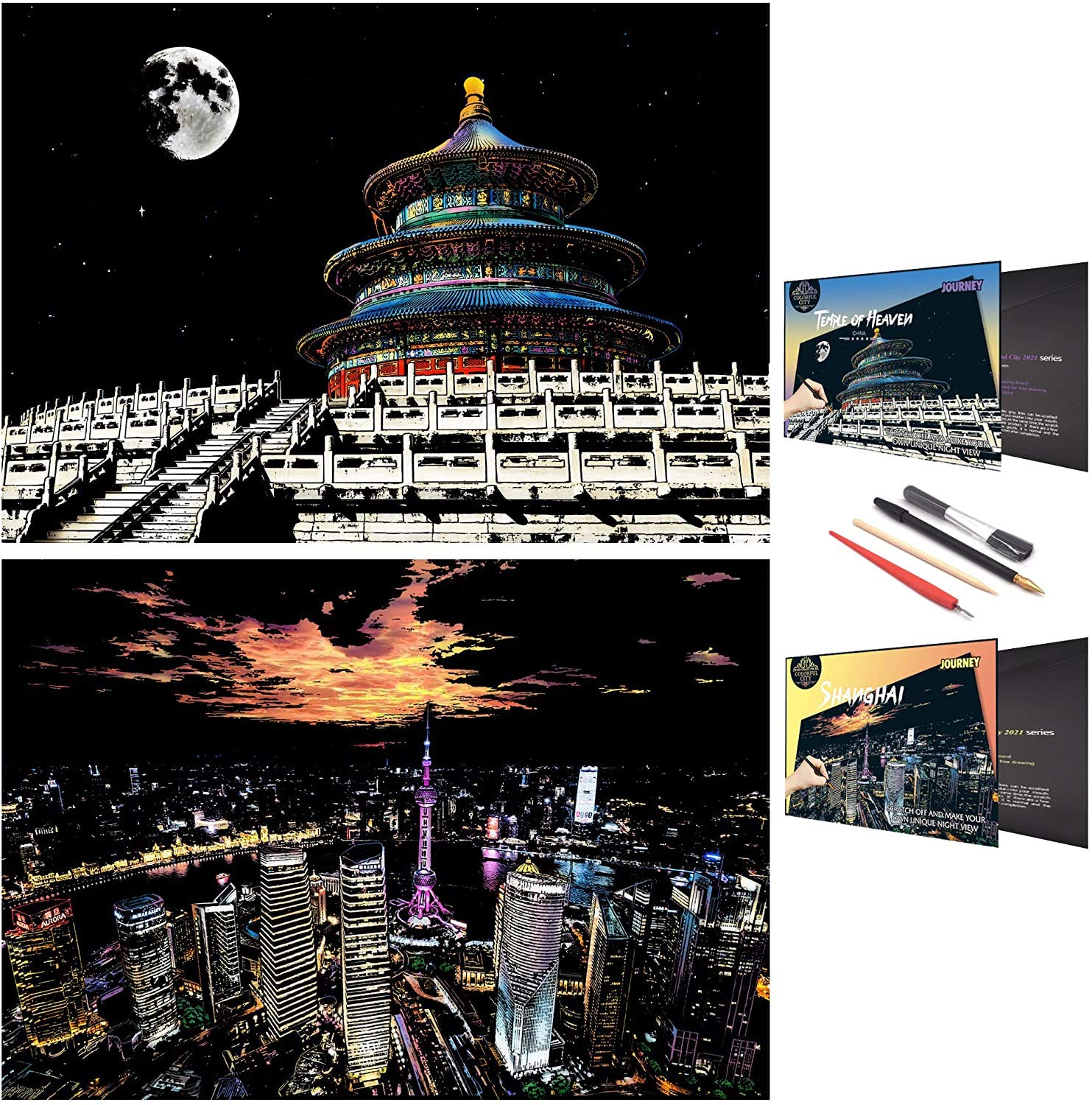 DIY Rainbow Scratch Art Kit for Adults & Kids - World Famous City Night View Painting (Shanghai & Beijing) with 4 Tools - 11.2''x16'' Scratchboard - Creative Stress Relief & Home Decor Art Project
