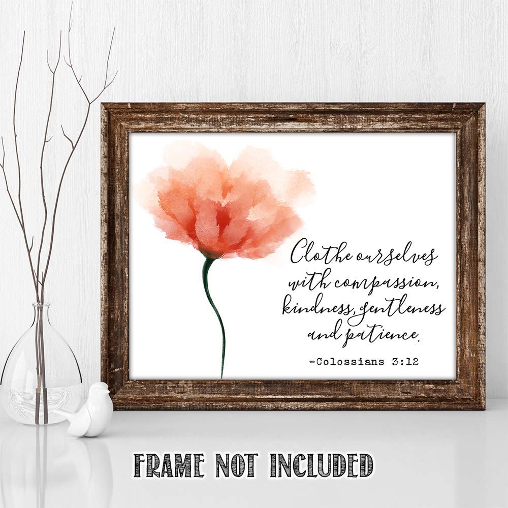 TJ Originals Christian Bible Verse Wall Art - Colossians 3:12 Inspirational Scripture Print 11x14, Compassion Quote Home Decor, Religious Gift for Women, Family & Friends (Flower Pastel) | Perfect for Living Room, Bedroom, Church & Office Decor