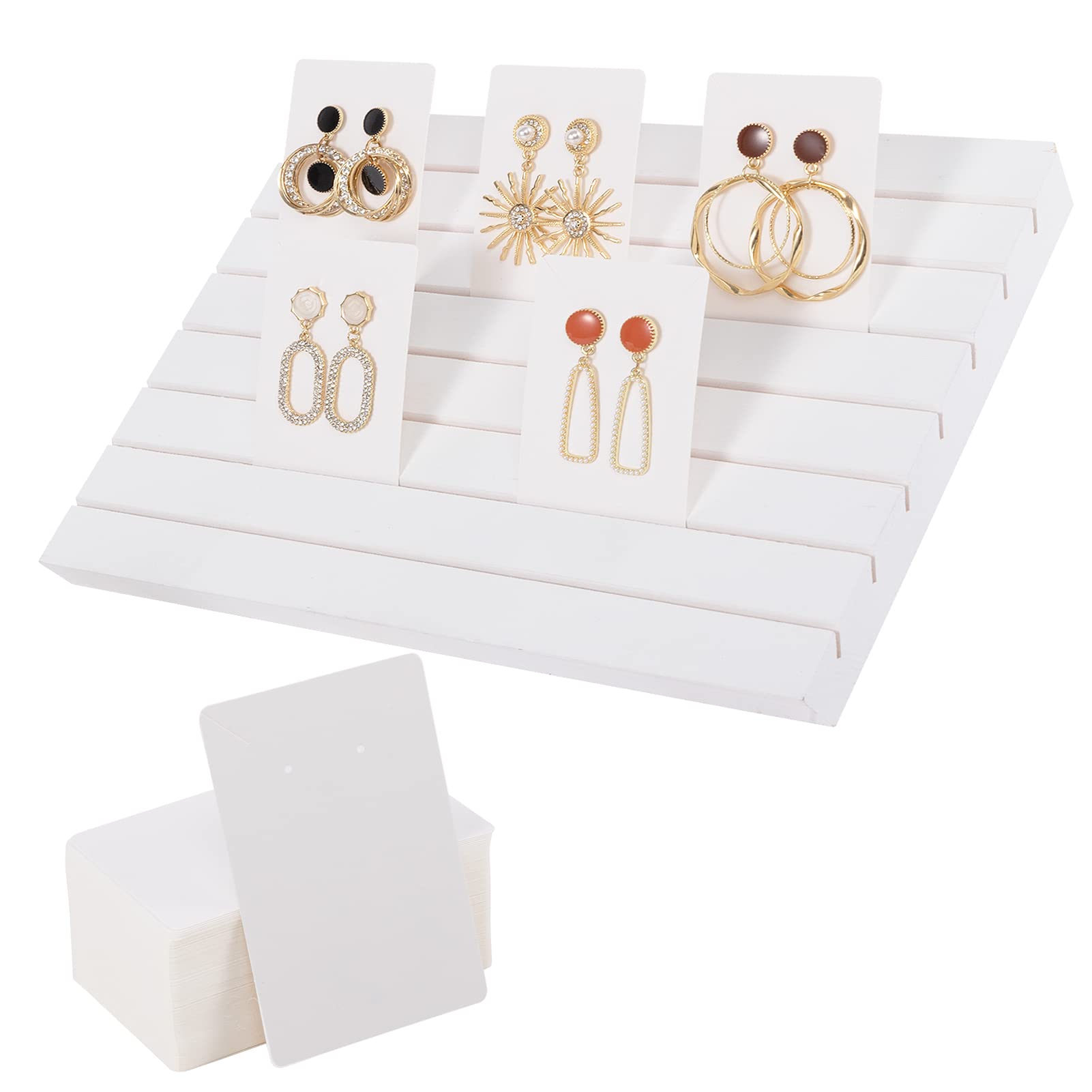 Aulock Wooden Earring Display Stand with 2 Detachable Pegs & 200pcs Cardboard Inserts - Portable Jewelry Organizer for Earring Showcase, Retail Store Display, and Craft Fair Booth (White)