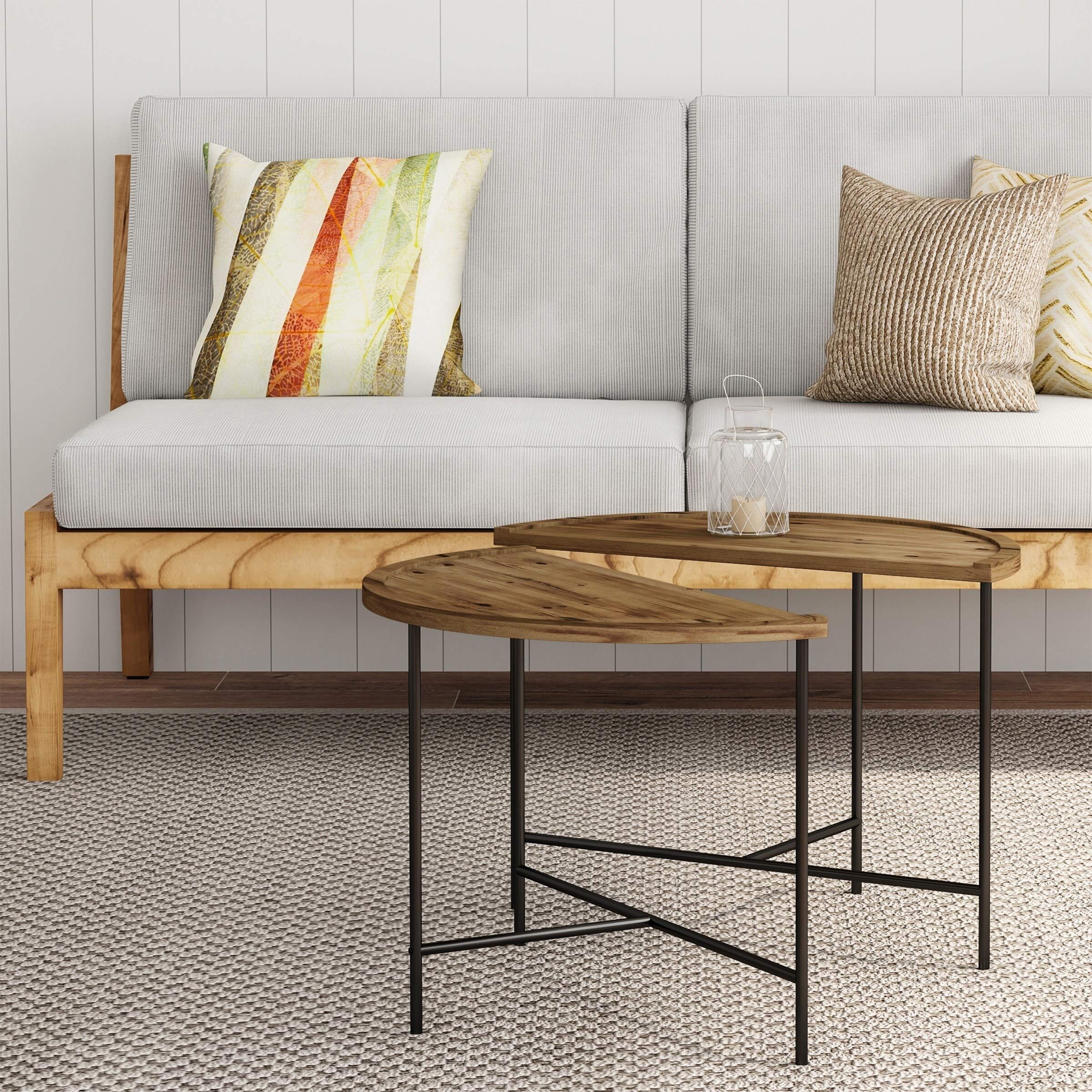 UKN Half Moon Coffee Tables Set of 2 - Black Brown Farmhouse Rustic Semi-Circle MDF Oak Finish Adjustable Shelving - Perfect for Living Room, Bedroom & Office Decor