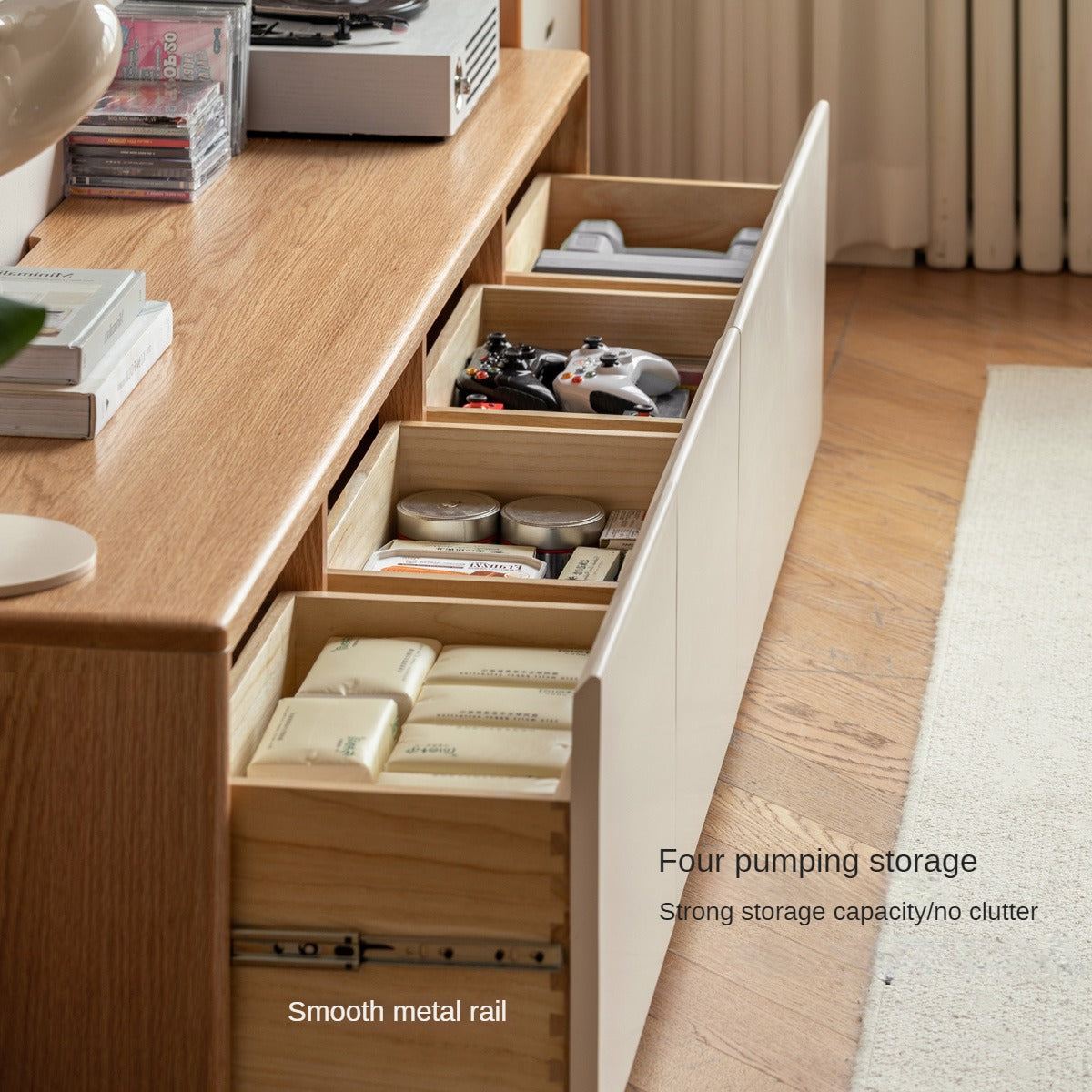 Solid Oak Wood Modern White Integrated Log Floor TV Stand - Stylish Storage for Living Room, Bedroom & Home Theater