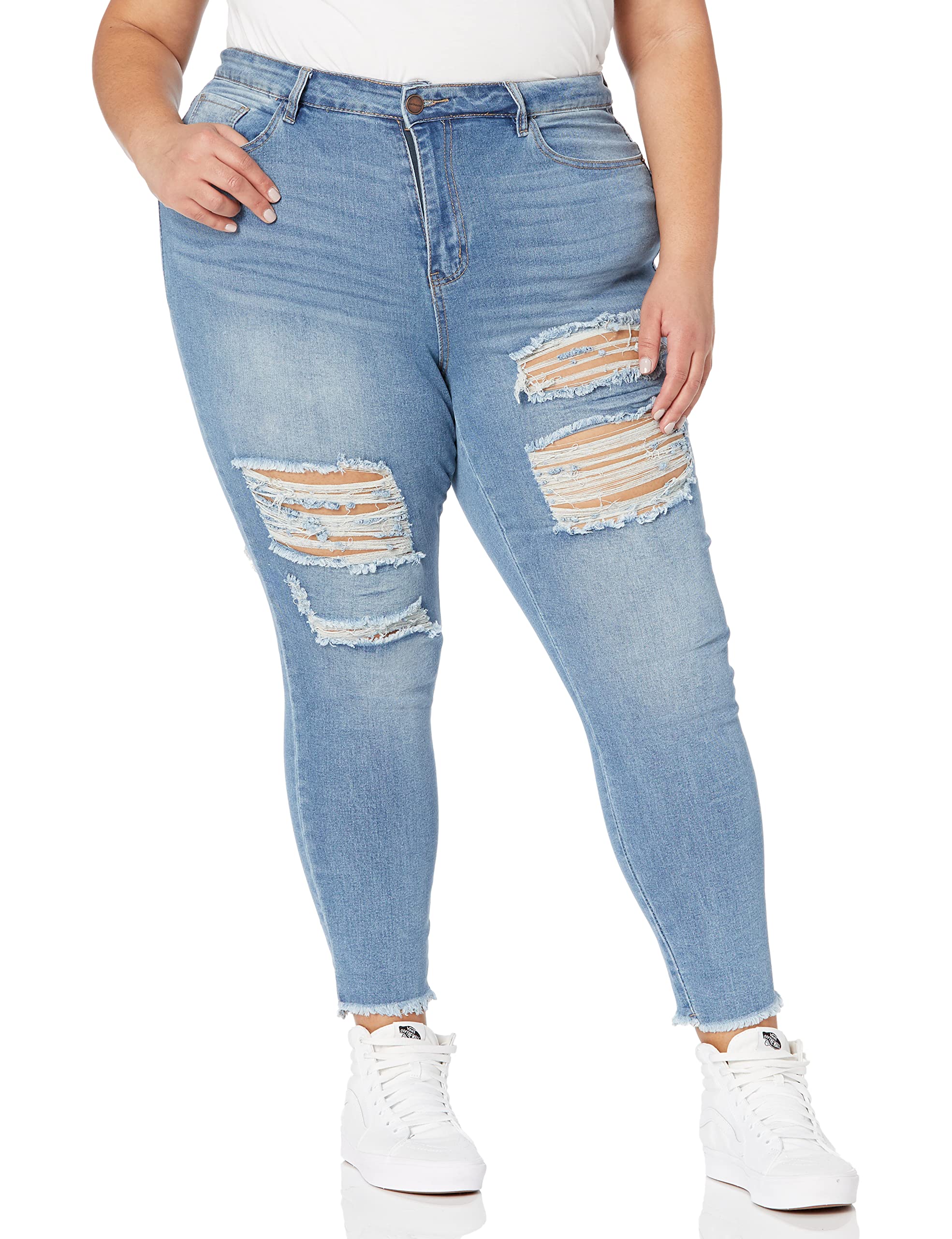 Vintage Distressed Skinny Jeans for Women - Medium Wash Junior Plus Size High Waisted Denim Pants | Perfect for Casual Outfits, Street Style & Everyday Wear