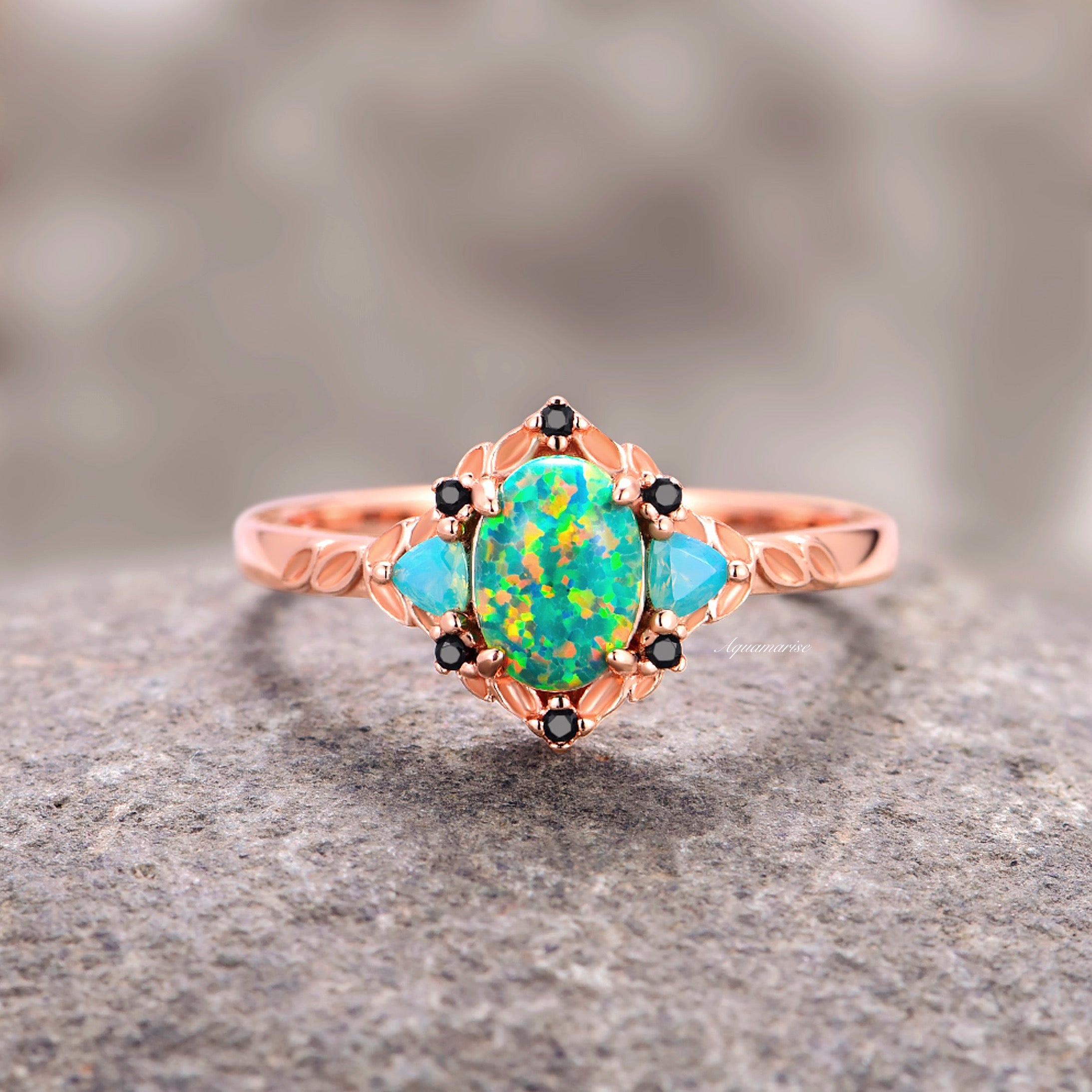 14K Rose Gold Vermeil Green Fire Opal & Opalescent Sapphire Leaf Ring - Elegant Nature-Inspired Jewelry for Women, Perfect for Weddings, Parties & Special Occasions