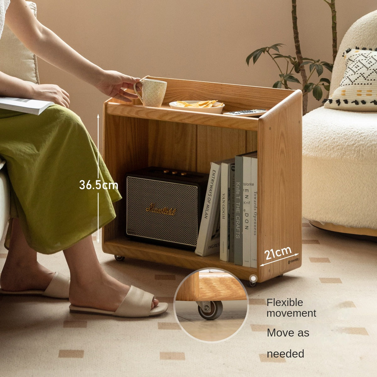 Solid Oak Wood Under Table Bookshelf - Movable Storage Shelf for Books, Toys & Decor - Perfect for Living Room, Bedroom & Office Organization