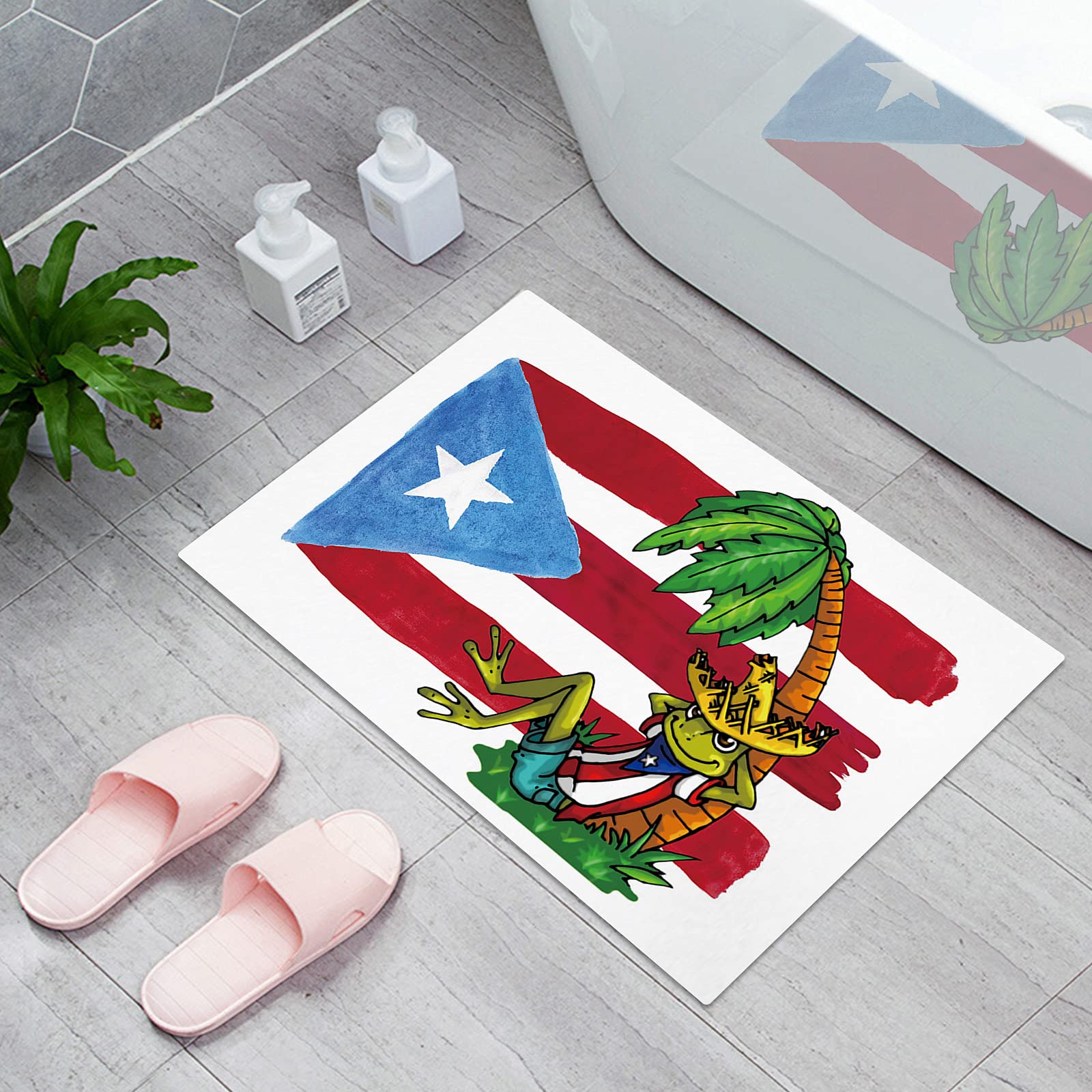 Non-Slip Watercolor Puerto Rico Flag Doormat - Absorbent Indoor Entrance Mat with Palm Tree Frog Cartoon Art for Bathroom, Bedroom, Kitchen & Living Room Decor - Perfect for Home, Office and Vacation House Floor Protection