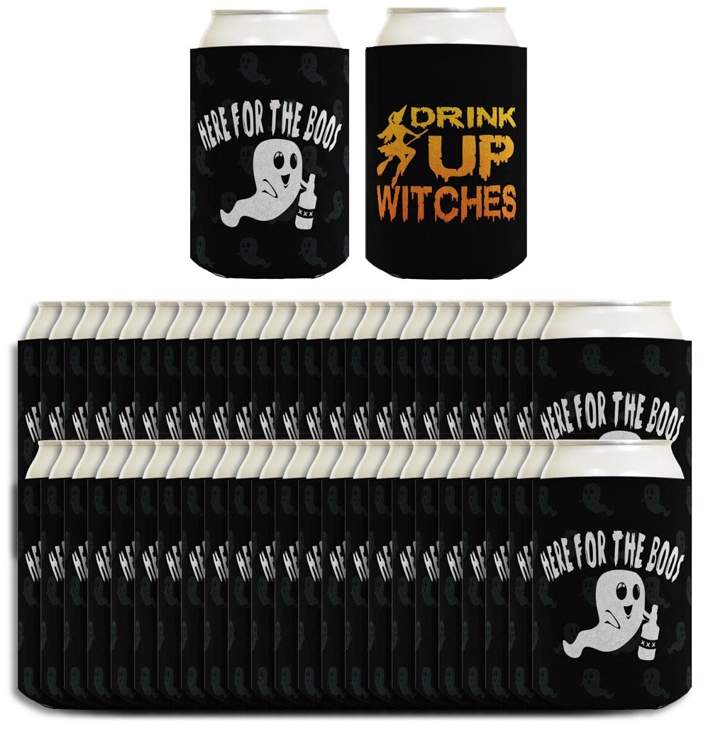 Halloween Drink Can Coolers for Women - 48-Pack Double-Sided 'Drink Up Witches' & 'Here For The Boos' Party Decor - Perfect for Halloween Parties, Girls Night & Spooky Celebrations