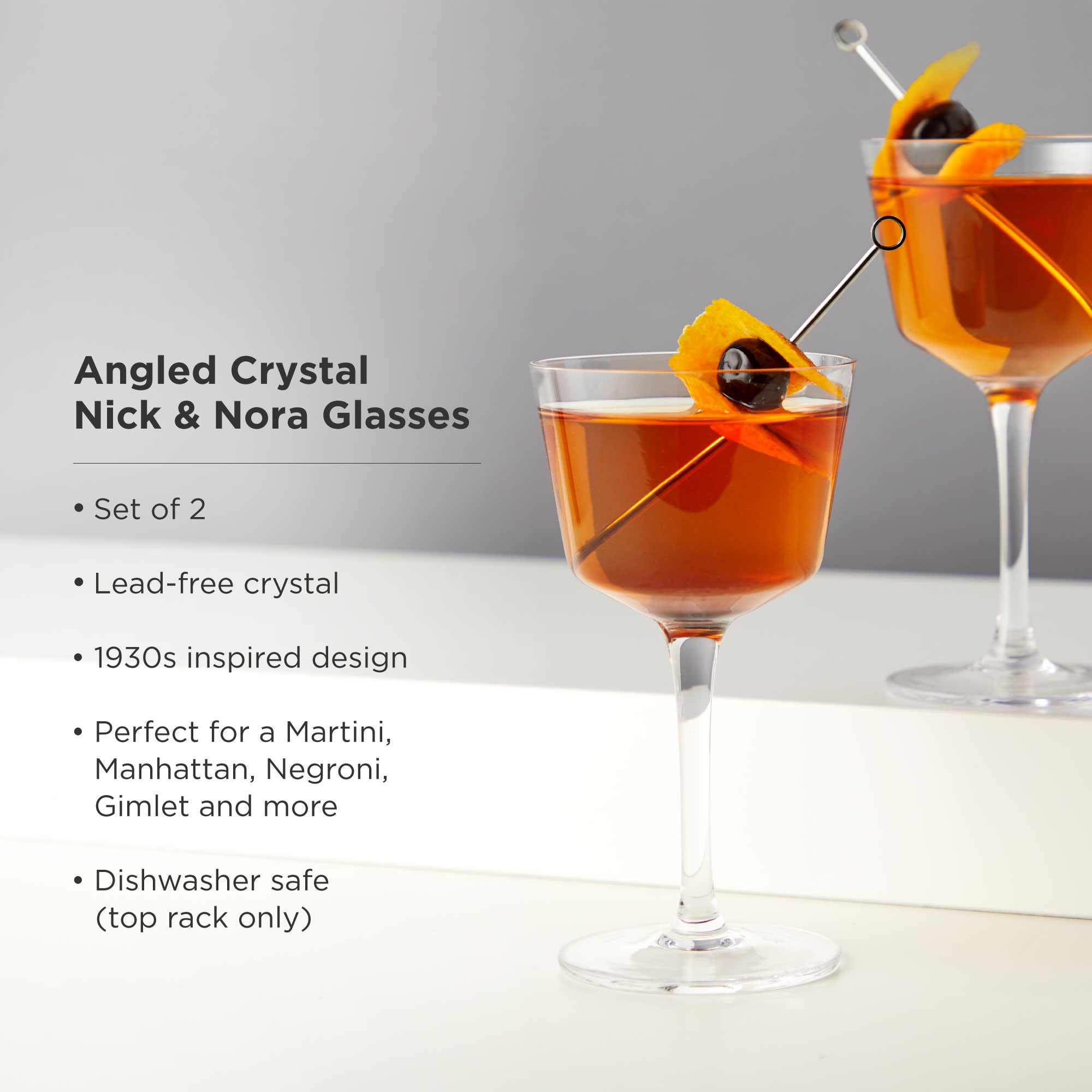 Raye Angled Crystal Nick & Nora Glasses - Set of 2 Elegant Cocktail Glasses for Martini, Whiskey & Champagne - Perfect for Parties, Weddings & Home Bar Decor
