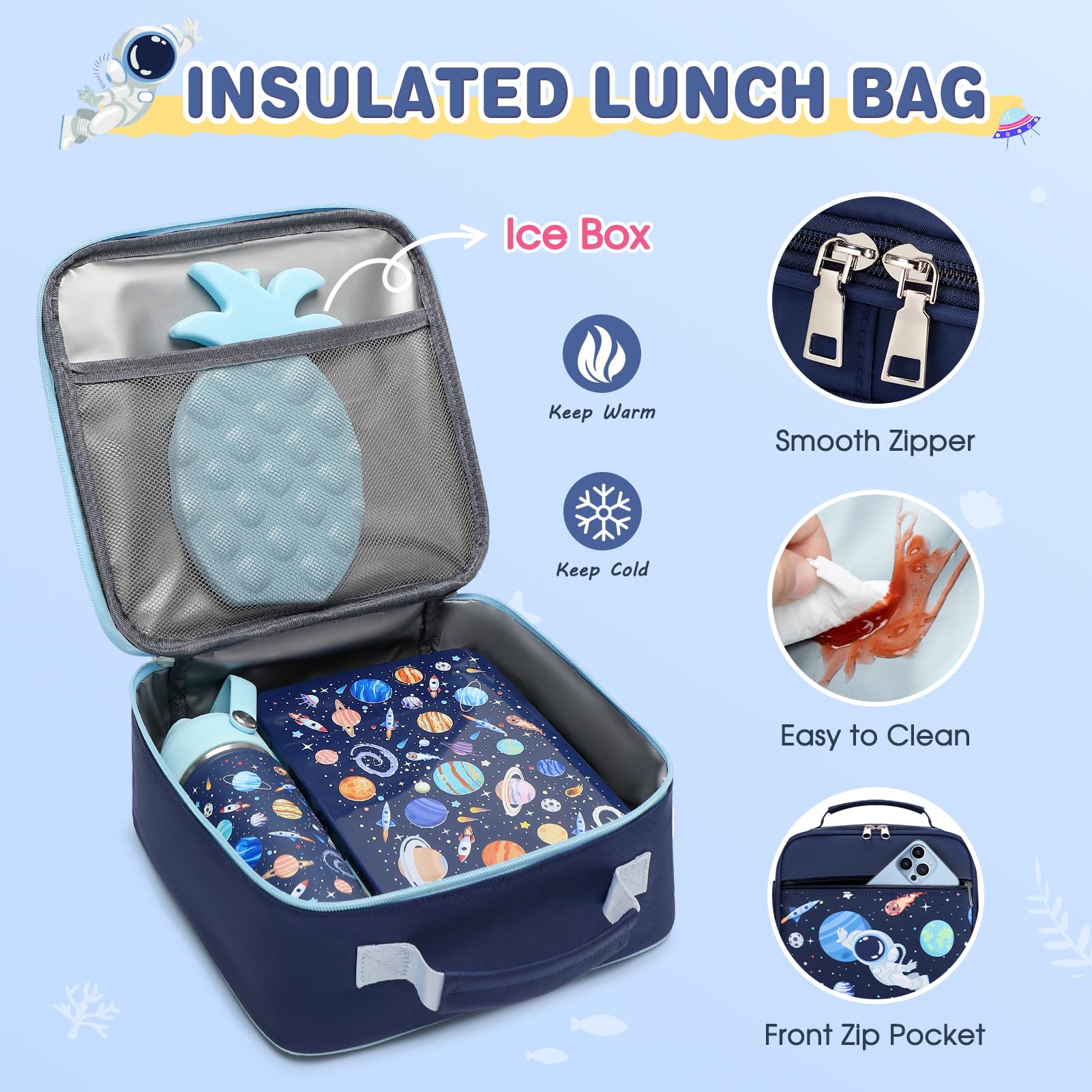 3PCS Boys Backpack Set with Lunch Box & Pencil Case - Space Astronaut Design for School & Travel