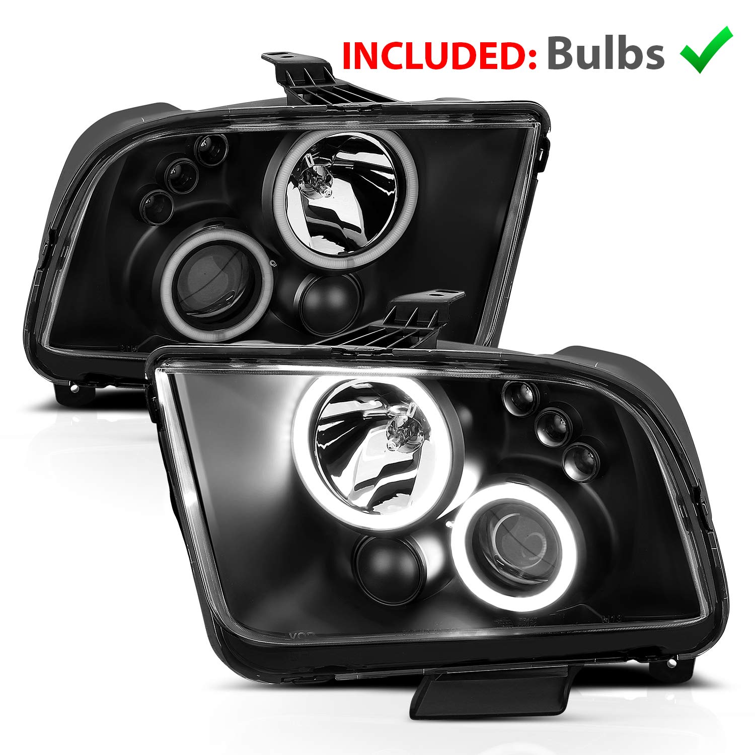 AmeriLite Black Dual Intense LED Halo Projector Headlights - Replacement Pair for 2005-2009 Ford Mustang (Driver & Passenger Side) | High-Performance Lighting for Night Driving & Car Shows