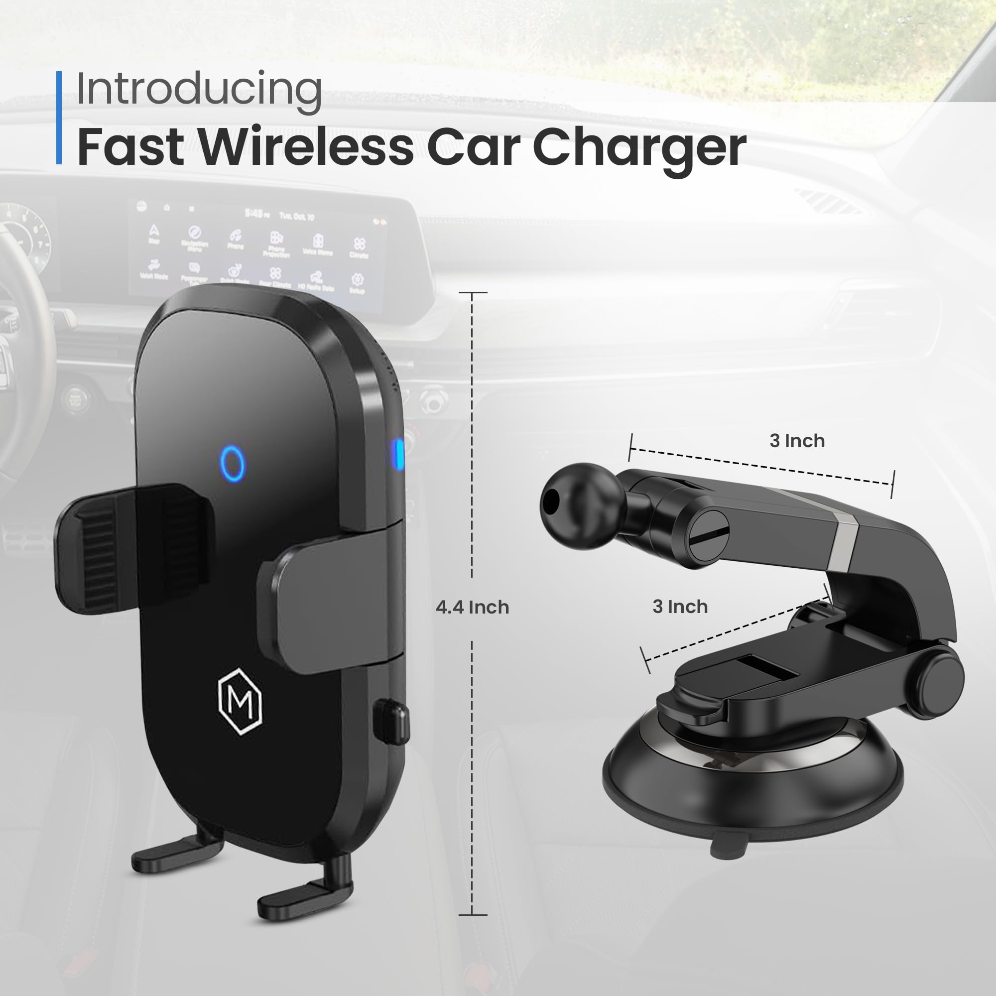 Fast Wireless Car Charger Phone Mount - 15W Qi-Certified Auto-Scan Charging, Multi-Angle Adjustable Suction Cup & Grip (Fits Phones 2.8
