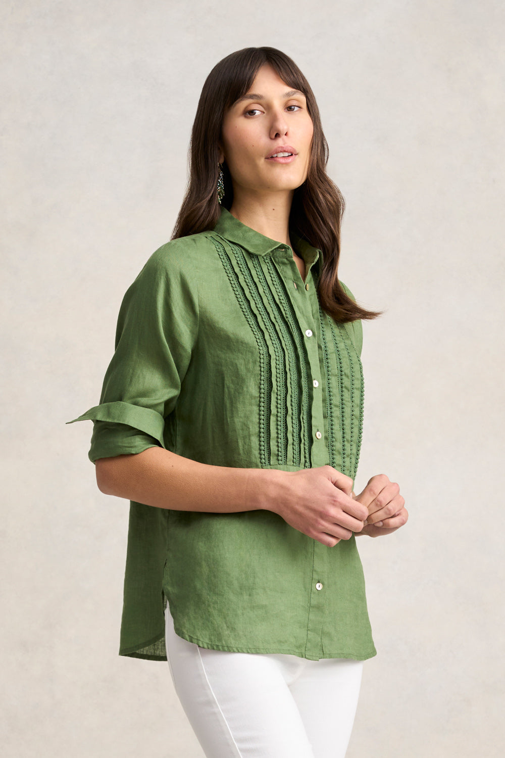 Lace Trim Linen Shirt for Women - Breathable Khaki Summer Blouse - Casual Office Wear & Vacation Outfit
