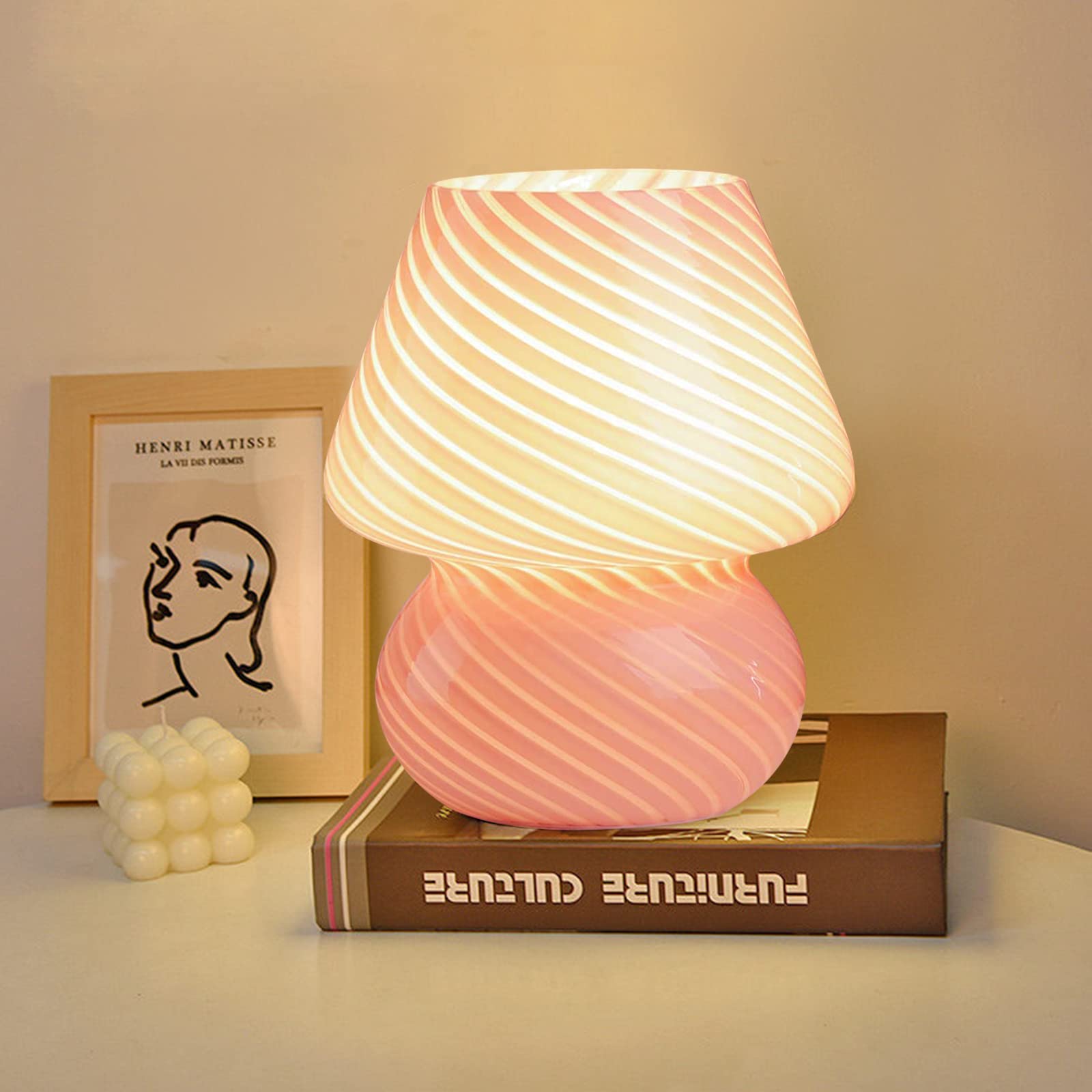 MLOQI Mushroom Lamp - Vintage Glass Table Lamp for Bedroom & Desk, Aesthetic Mood Lighting, Cute Pink Night Light for Kids & Adults - Perfect for Nursery, Living Room & Office Decor