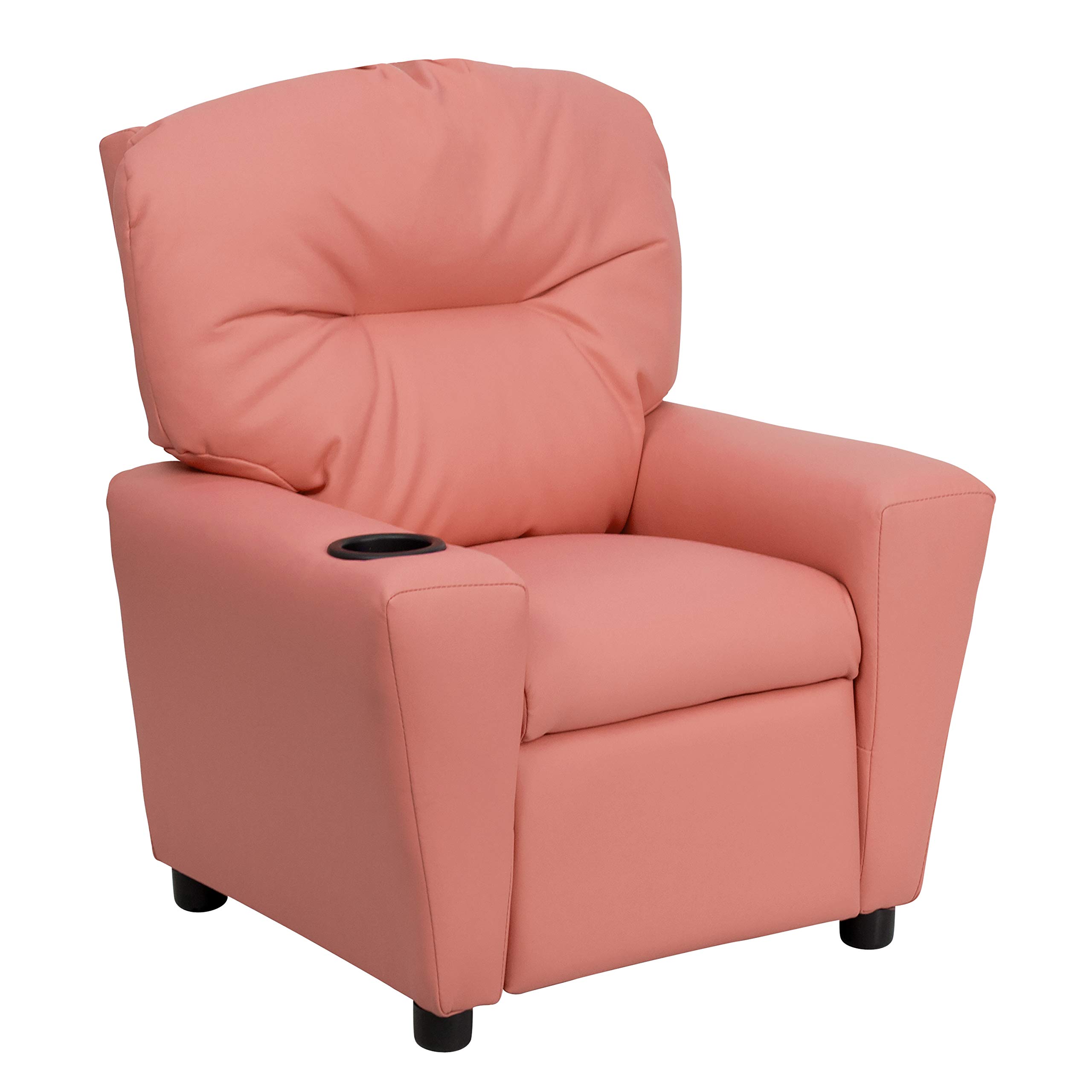 EMMA + OLIVER Pink Vinyl Kids Recliner Chair with Cup Holder - Comfortable Toddler Lounge Chair for Playroom, Bedroom & Movie Nights - Perfect Gift for Girls & Boys