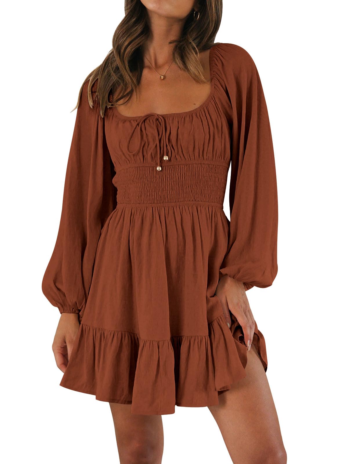 LILLUSORY Women's Long Sleeve Cottagecore Mini Dress - Square Neck Flowy Short Summer Dress for Casual Spring Outfits | Perfect for Picnics, Dates & Boho Fashion