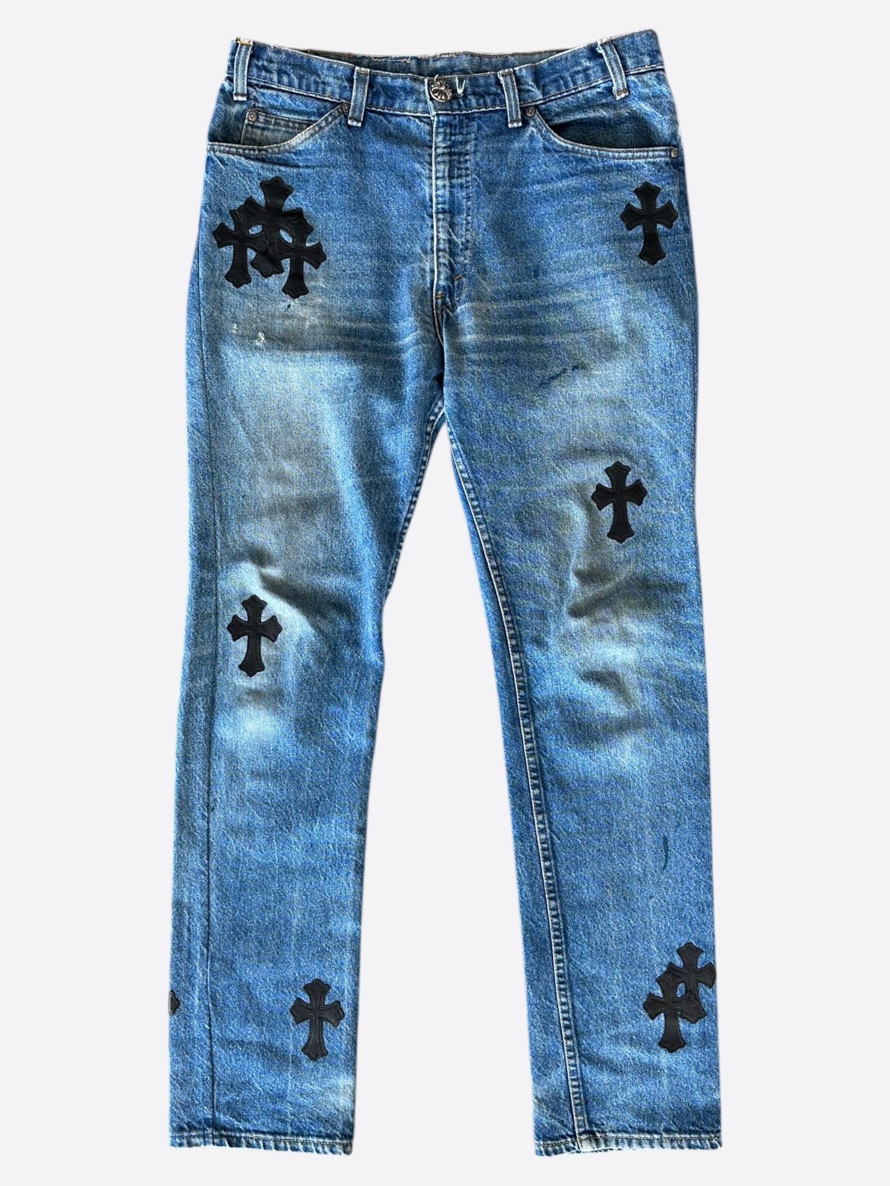 Chrome Hearts x Levi's Blue & Black Cross Patch Denim Jeans for Men - Stylish Vintage Streetwear for Casual Outfits and Night Out