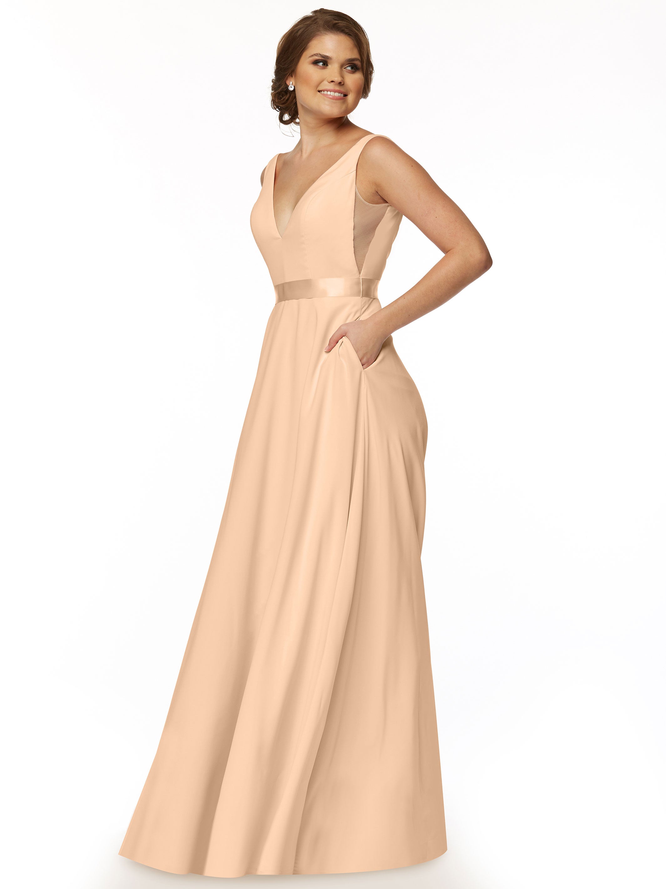 Elegant 80117 Stretch Chiffon A-Line Bridesmaid Dress with V-Neck & Sash - Perfect for Weddings, Formal Events & Special Occasions