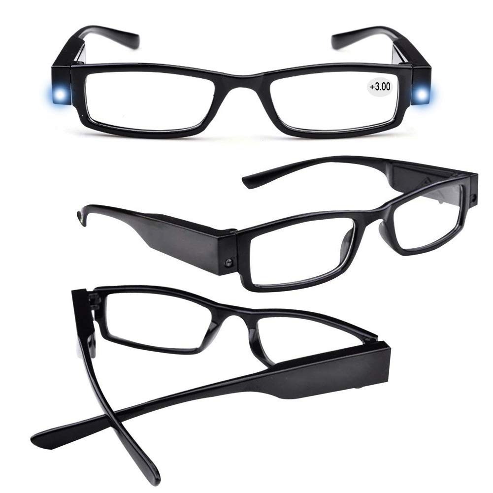 LED Reading Glasses with Lights - Fashionable Magnifying Eyewear for Men & Women - Clear Vision Nighttime Readers with Full Frame & Compact Design - Perfect for Reading in Bed, Travel, or Low Light Conditions (+300)