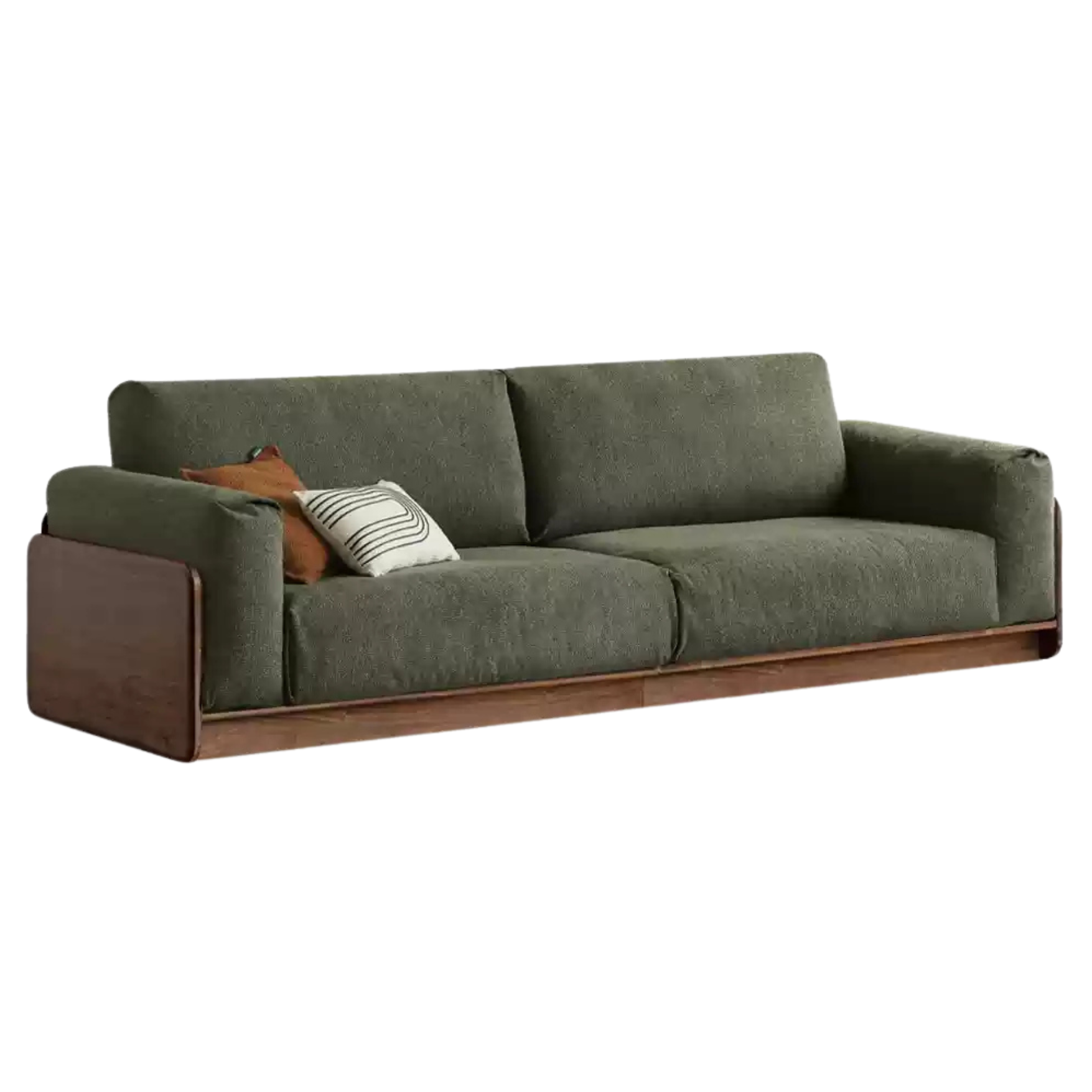 94.4x37x31.4 inch / 240x94x80cm / Rich Dark Walnut color / sofa chenille moss green