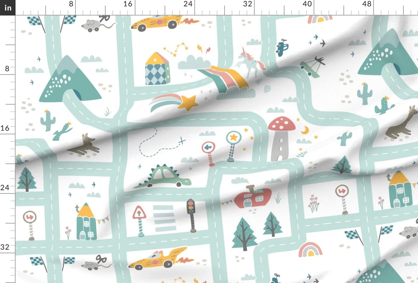 Playmat Kids Cars Traffic City Houses Neighborhood Printed Chiffon Fabric Fat Quarter - Sewing DIY Fashion Apparel Dresses & Home Decor - Perfect for Baby Play Mats, Quilting, and Craft Projects