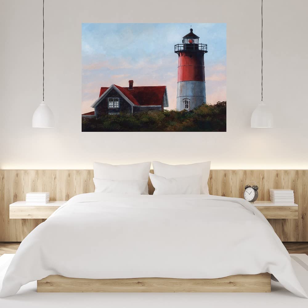 Nauset Light at Cape Cod Fine Art Canvas Print by Roger Bansemer - 43x32 Inch Ready to Hang Wall Decor for Living Room, Bedroom, Office & More - Coastal Lighthouse Painting for Home & Commercial Spaces