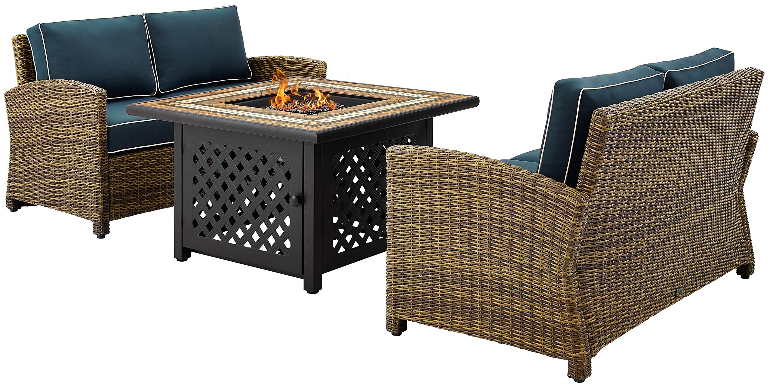 Crosley Bradenton 3-Piece Wicker Outdoor Loveseat Set with Gas Fire Pit Table & Navy Cushions - Brown Patio Furniture for Garden, Backyard, and Poolside Relaxation
