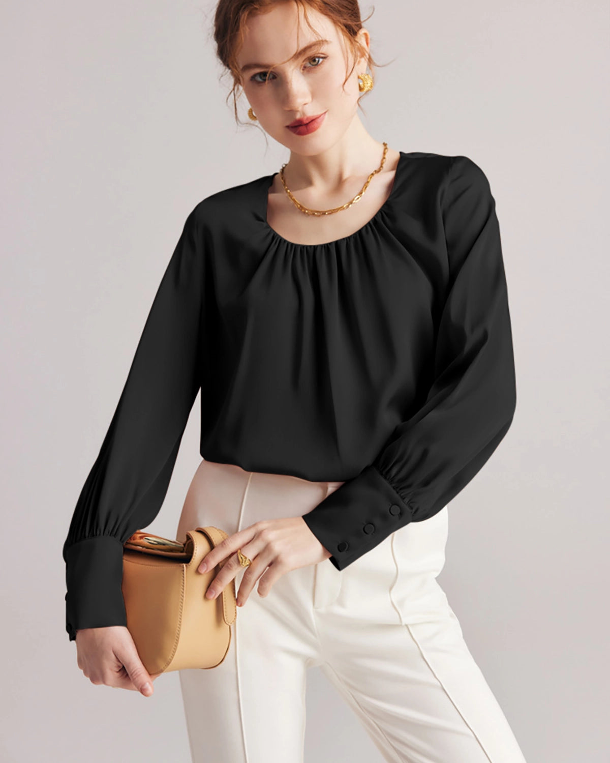 Elegant Pleated Round Neck Silk Blouse for Women | Soft & Breathable Luxury Shirt | Perfect for Office Wear, Date Night & Special Occasions