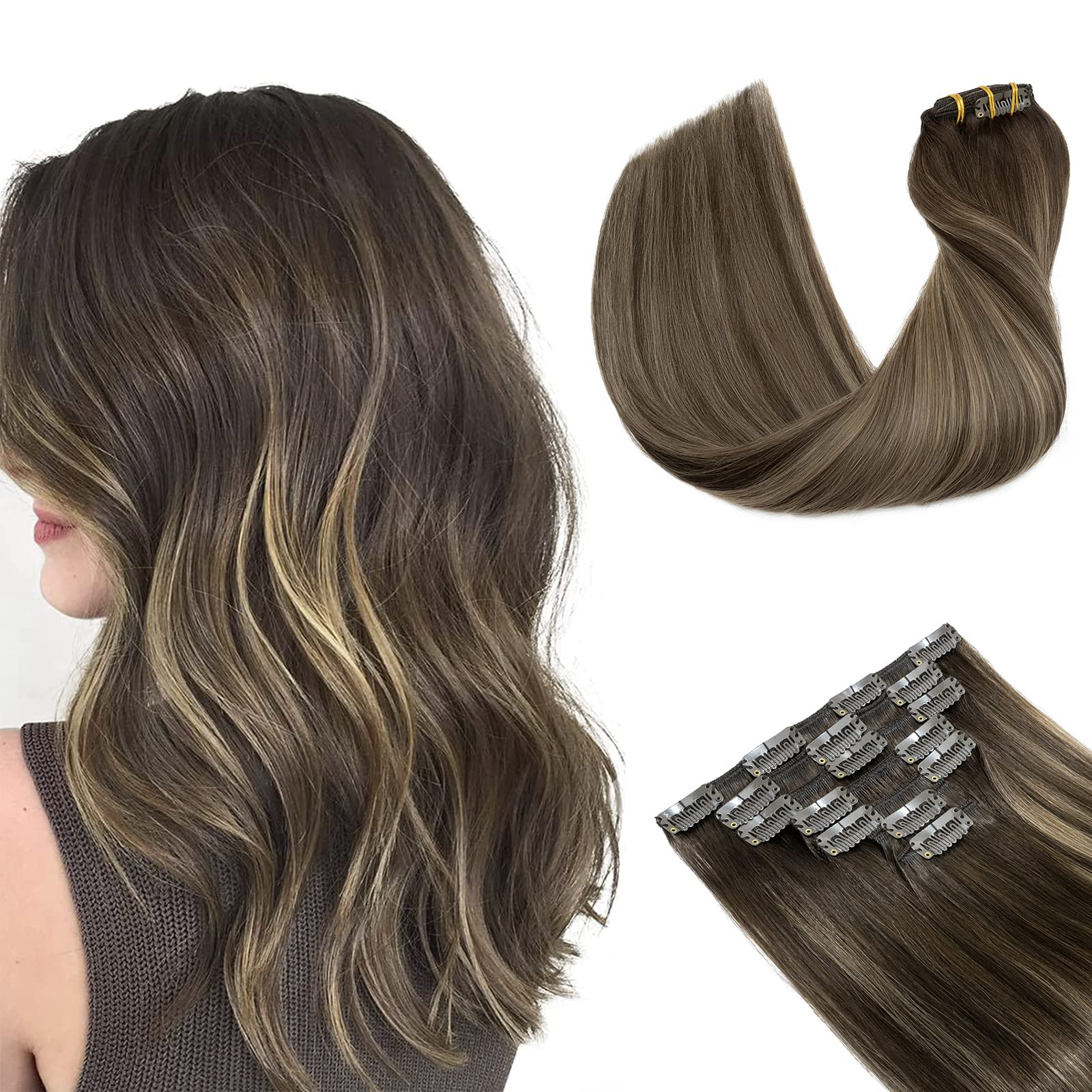 S-noilite Clip in Hair Extensions 20 Inch - 100% Real Human Remy Hair, Double Weft, 7pcs 120g, Balayage Dark Brown to Chestnut Brown - Seamless & Thick for Volume & Length - Perfect for Parties, Weddings & Daily Styling