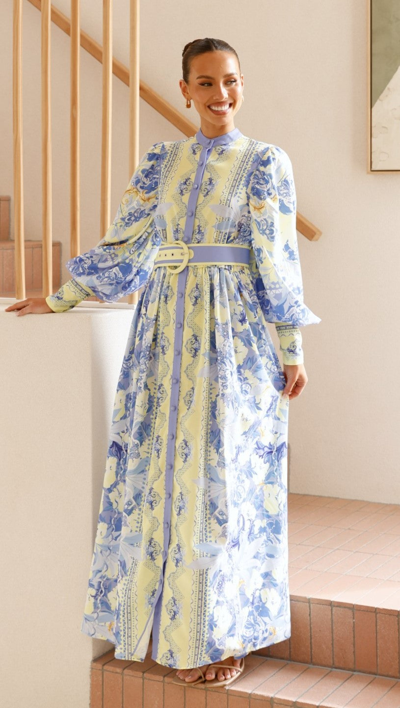 Kalliope Maxi Dress for Women - Flowy Blue & Yellow Floral Summer Dress - Perfect for Beach Vacations, Parties & Casual Outings