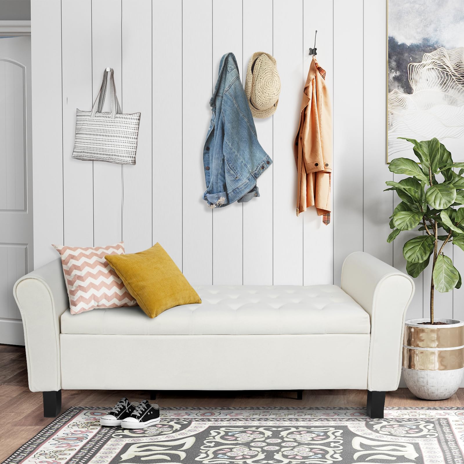 Upholstered Storage Ottoman Bench with Rolled Arms - Bedroom, Living Room & Entryway Furniture - Perfect for Bed End, Hallway Seating & Home Organization