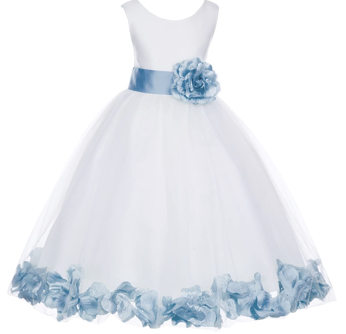 White Tulle Rose Petals Flower Girl Dress - Elegant Christening Gown for Weddings & Baptisms (Style 302T) - Perfect for Flower Girls, Pageants & Special Occasions