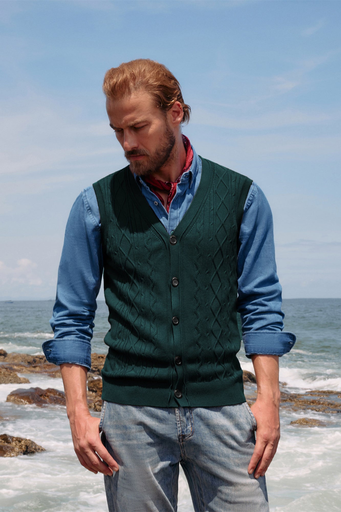 Men's V-Neck Cable Knit Sweater Vest - Button Up Sleeveless Cardigan for Casual Wear & Layering