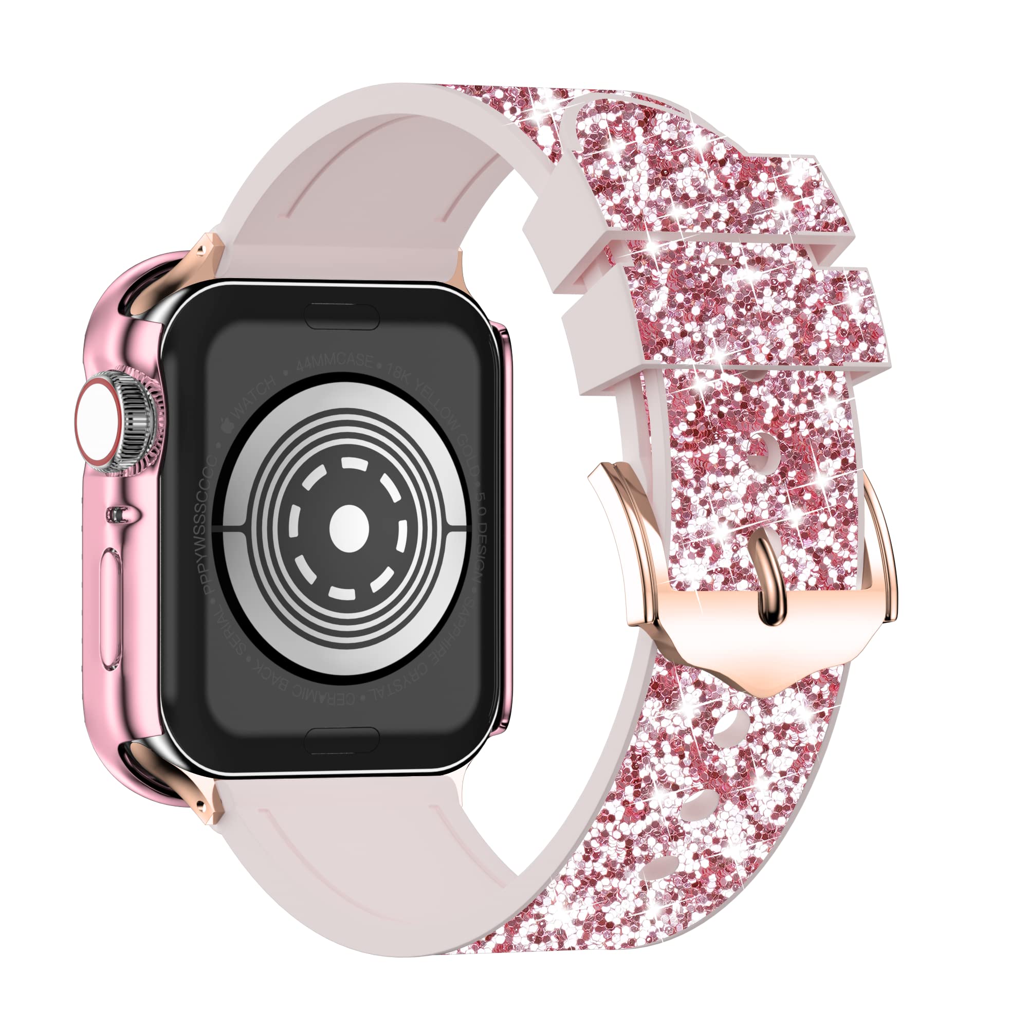 Sparkly Rhinestone Apple Watch Band with Protective Case - Compatible with iWatch Series 9/8/7/6/5/4/3/2/1 & SE (45/44/42/41/40/38mm) - Fashion Glitter Silicone Strap for Women - Perfect for Workouts, Parties & Everyday Wear