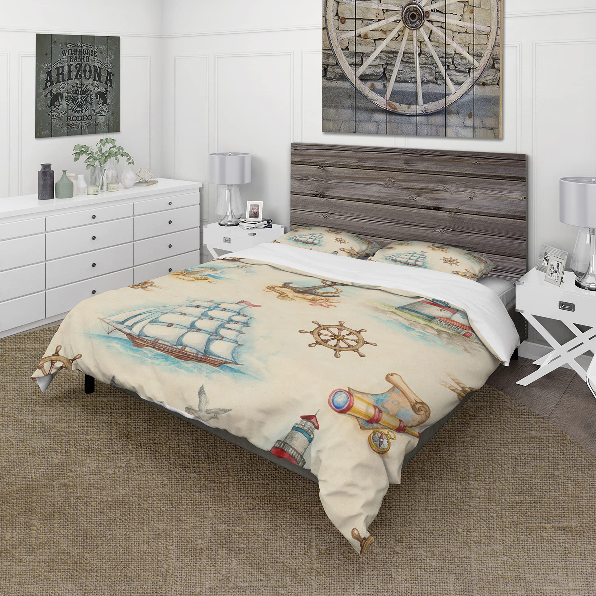 DesignQ Coastal Duvet Cover Set with Nautical Watch Tower, Binocular & Sailboat Print - Perfect for Beach House Bedroom Decor & Coastal Theme Home Styling