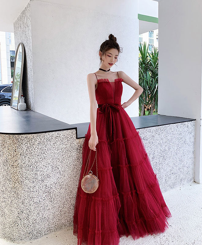 Elegant Burgundy A-Line Tulle Long Prom Dress - Formal Evening Gown for Homecoming, Wedding & Special Occasions