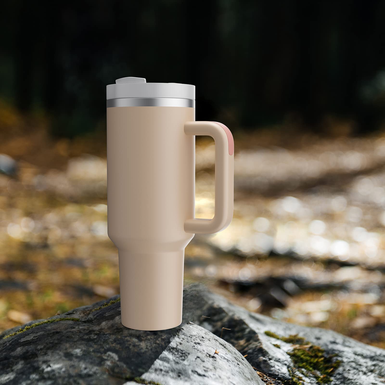 MURRICON 40 oz Stainless Steel Insulated Tumbler with Handle & Straw - Vacuum Insulated Travel Mug for Coffee, Tea & Cold Drinks - Reusable Leakproof Cup for Office, Gym & Outdoor Activities (Rose Quartz)