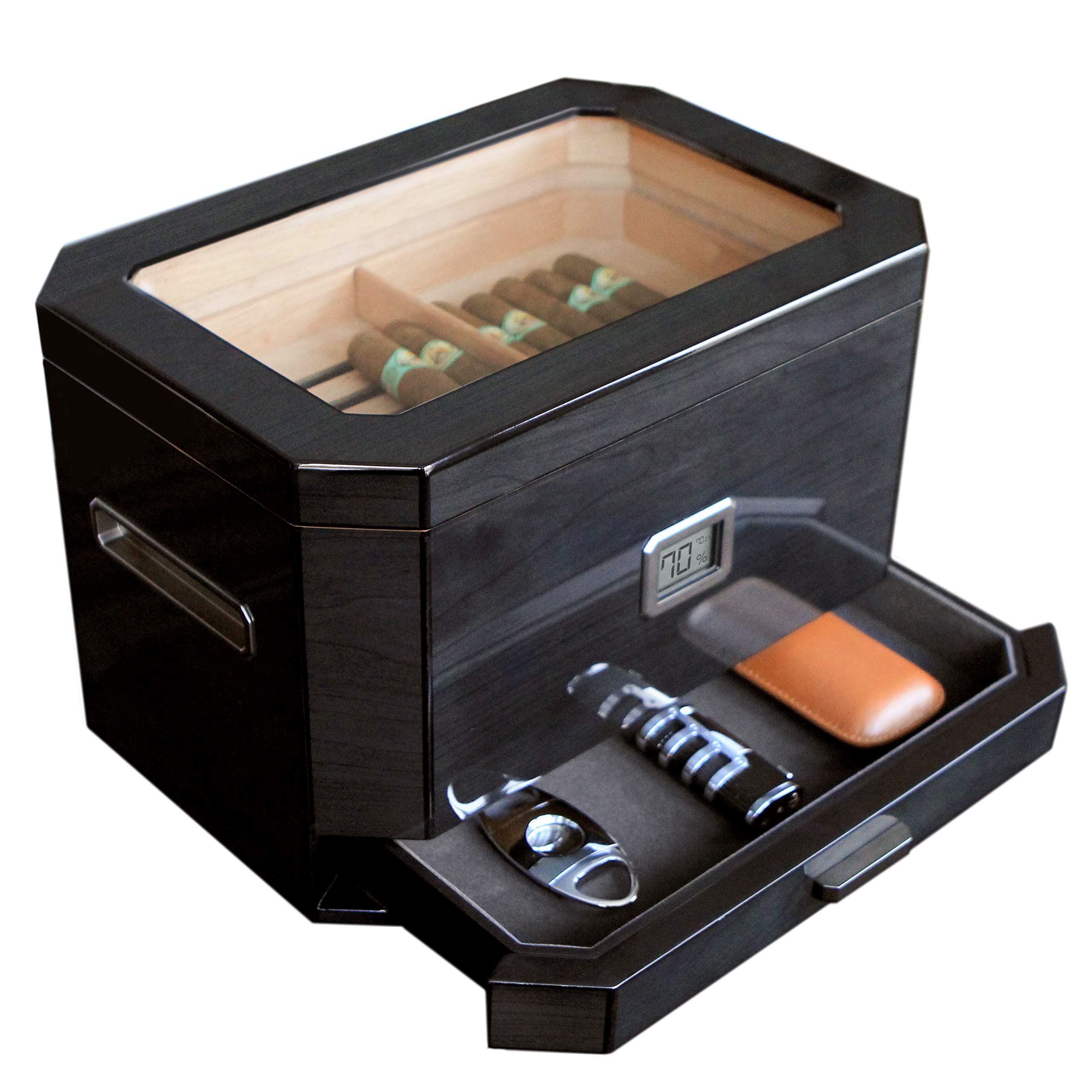 Premium Octodor Large Black Piano Finish Glass Top Cedar Humidor with Digital Hygrometer & Humidification System - Holds 50-100 Cigars - Perfect for Cigar Aficionados, Home Bars & Office Collections