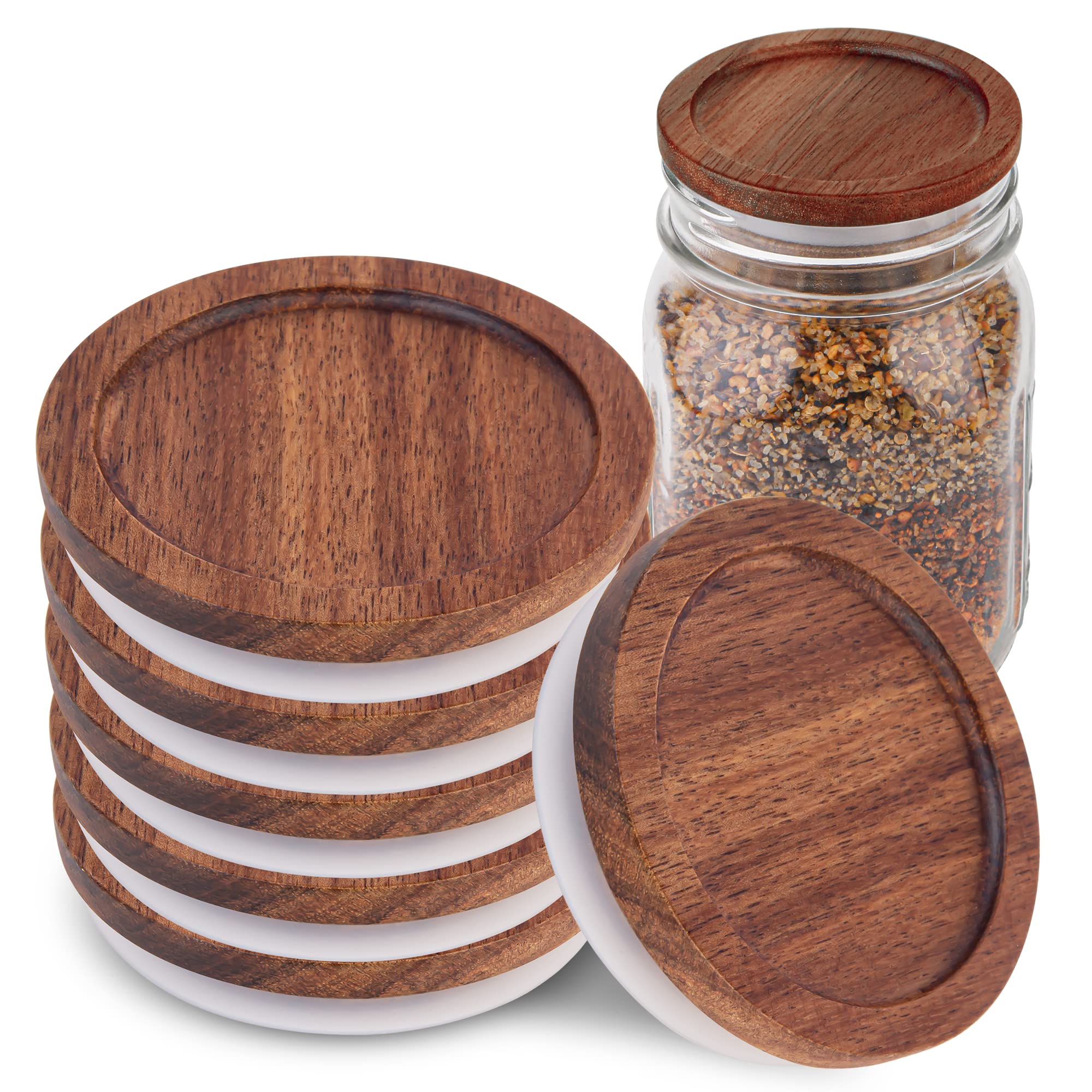 NASHARIA 6 Pack Wooden Mason Jar Lids with Silicone Sealing Ring - Airtight Regular Mouth Canning Lids for Cookie, Coffee & Dry Food Storage - Perfect for Kitchen Pantry Organization & DIY Home Canning Projects