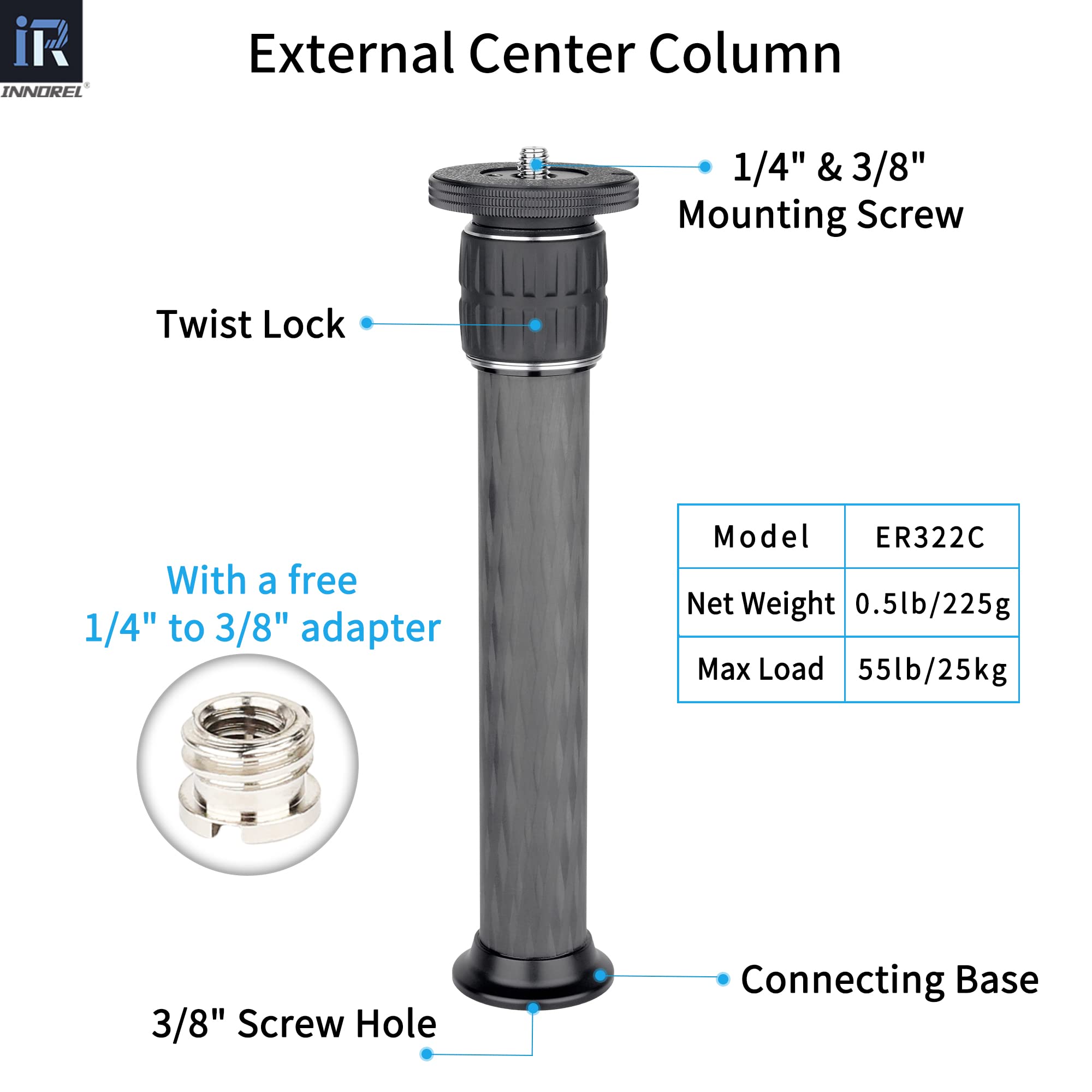 INNOREL ER322C Carbon Fiber Tripod Extension Pole - 10-Layer, 32.5mm Tube, 55lbs Capacity, 3/8