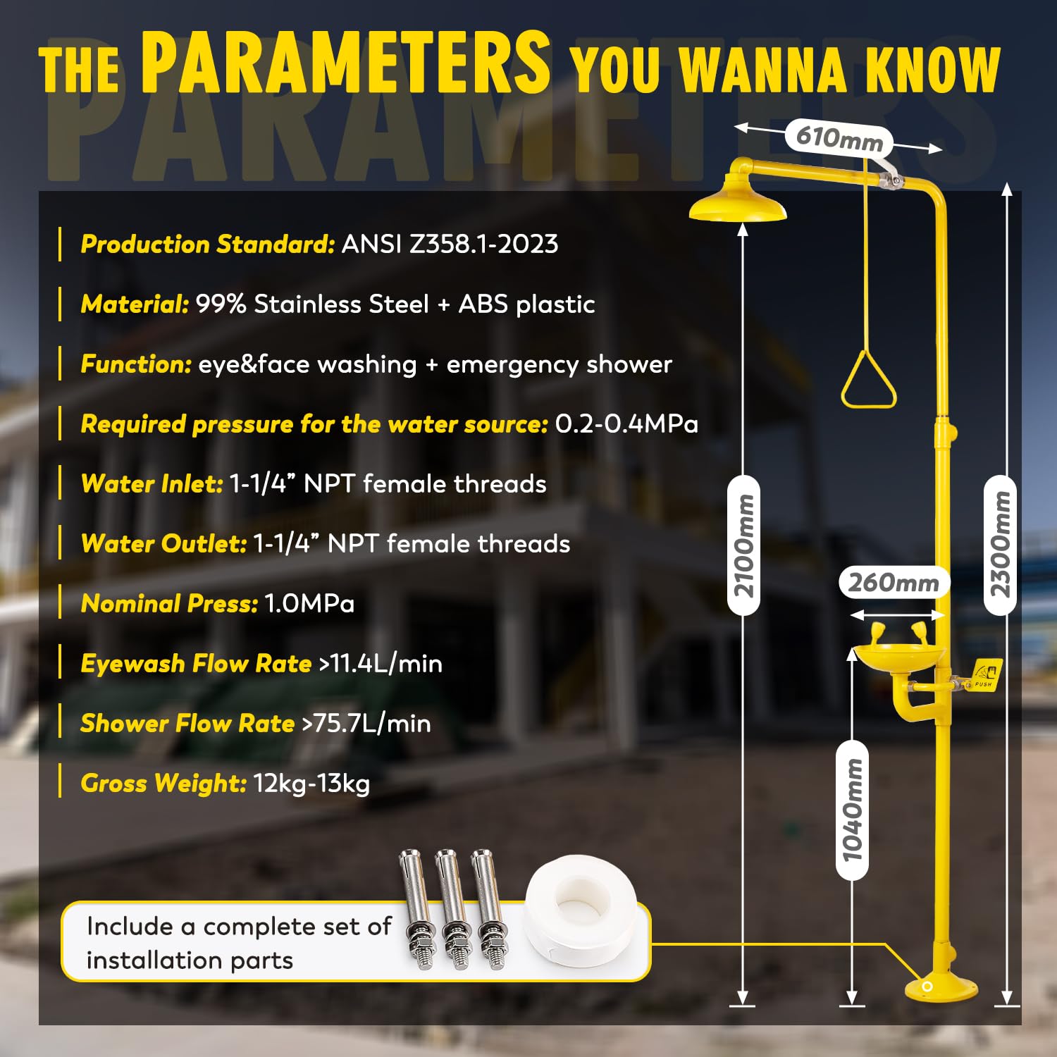 CGOLDENWALL Emergency Shower and Eye Wash Station - 304 Stainless Steel with Yellow Coating, NPT Thread, Includes Safety Sign - Ideal for Laboratories, Factories, and Chemical Workplaces