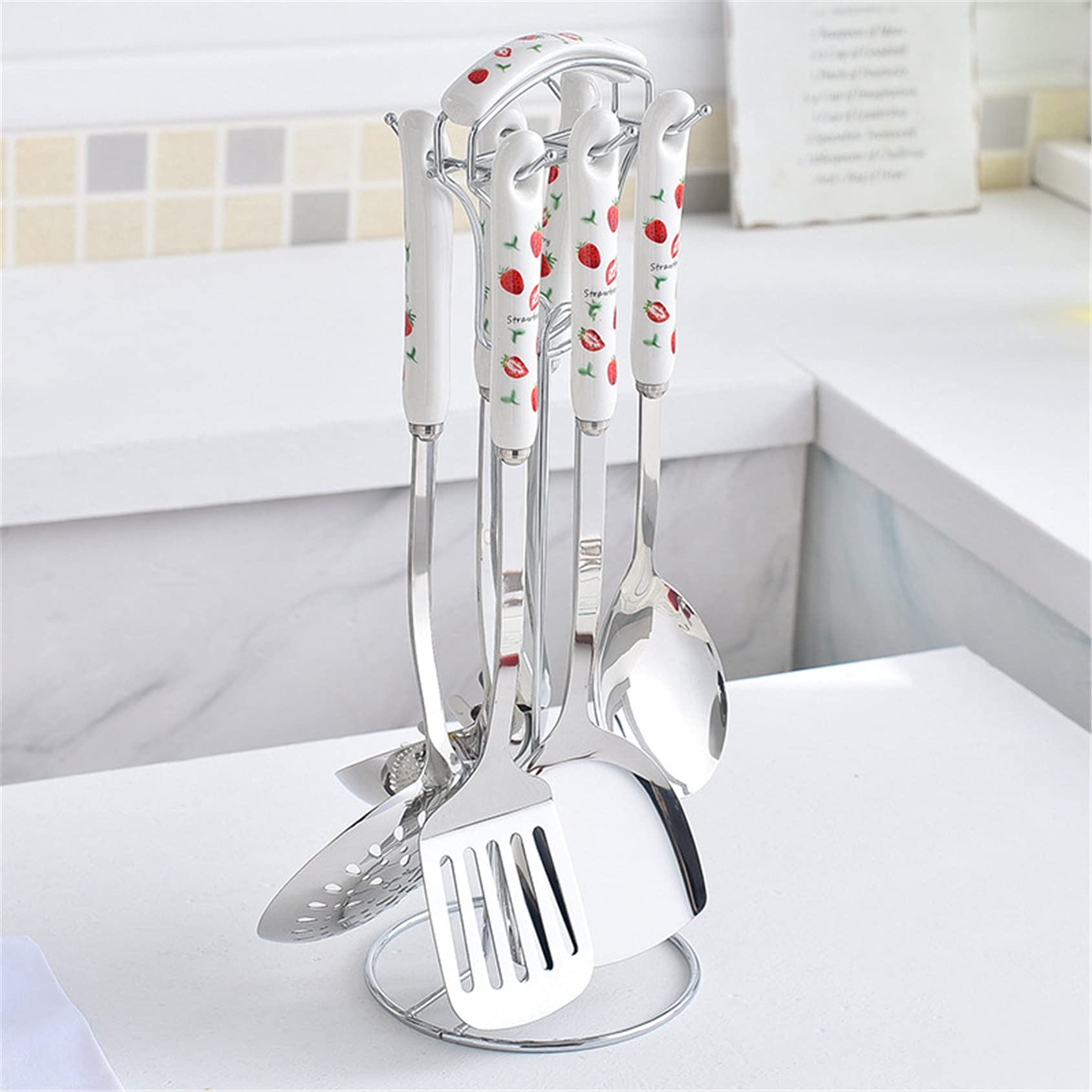 Premium 6-Piece Kitchen Utensil Set with Holder - Stainless Steel Soup Ladle, Spatula, Slotted Turner, Skimmer Spoon & Rice Paddle - Nordic Style Cookware for Cooking, Baking & Serving - Perfect for Home Chefs & Restaurant Use
