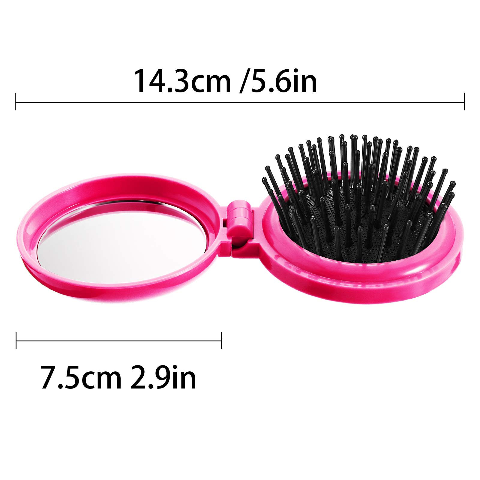 2 Pack Folding Travel Mirror Hair Brushes - Round Compact Pocket Hairbrush & Mini Comb Set for Women & Girls (Black, Rose Red) - Perfect for Travel, Gym, Purse & On-the-Go Styling