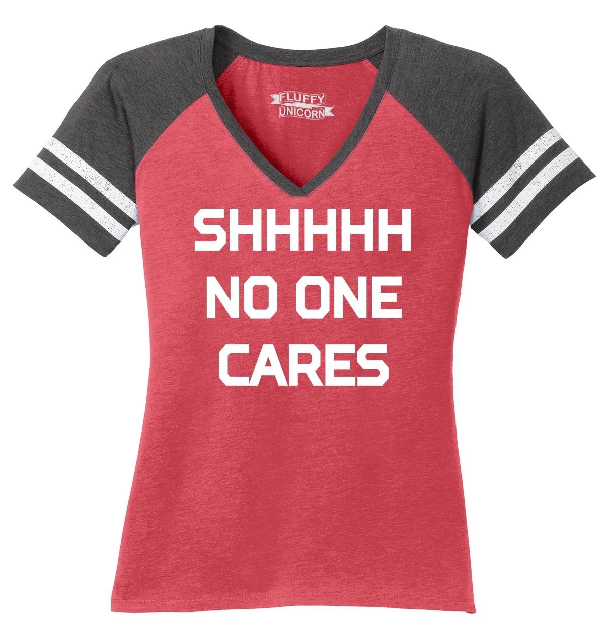 Funny Women's 'Shhh No One Cares' Comical V-Neck Party T-Shirt - Perfect for Girls Night Out, Bachelorette Parties & Casual Wear