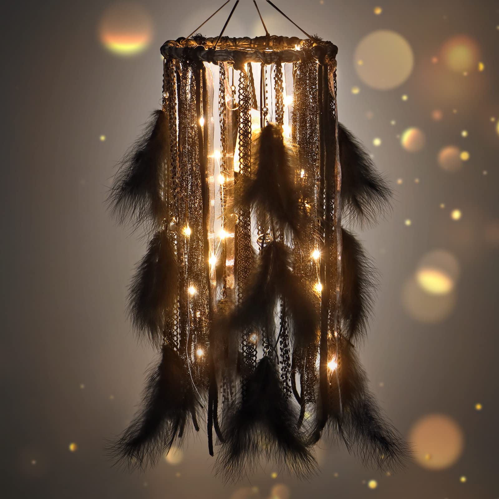 Large LED Light Up Dream Catcher with Black Shining Lace & Bells - 7.9