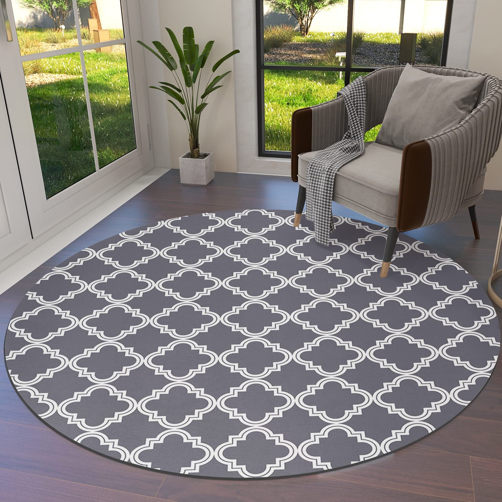 Quatrefoil Moroccan Pattern Round Area Rugs 5ft - Soft Geometric Gray Machine Washable Non-Shedding Circle Rug for Kids Room, Living Room, Bedroom - Perfect for Nursery, Playroom & Home Decor