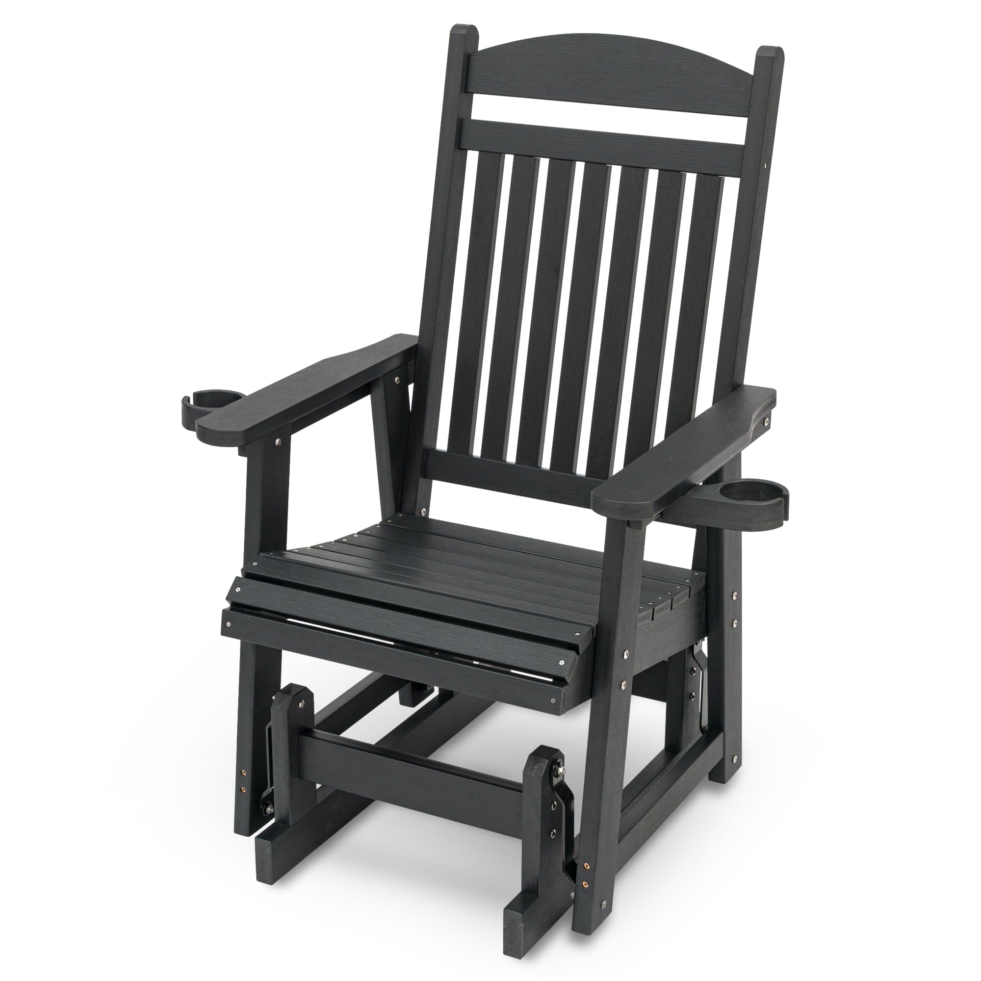 Poly Lumber Single Person Patio Glider with Cup Holders - High Back Support & Contoured Seat - Heavy Duty 700lb Capacity All-Weather HIPS Material (Matte Black) - Perfect for Porch, Deck, Garden or Poolside Relaxation